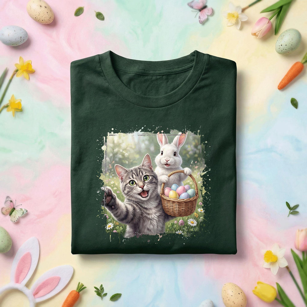 Cute Easter Cat and Bunny Shirt, Easter Egg Basket Cat Lover Tee, Funny Spring Easter Bunny Graphic Shirt, Cat Lover Holiday Gift Tee