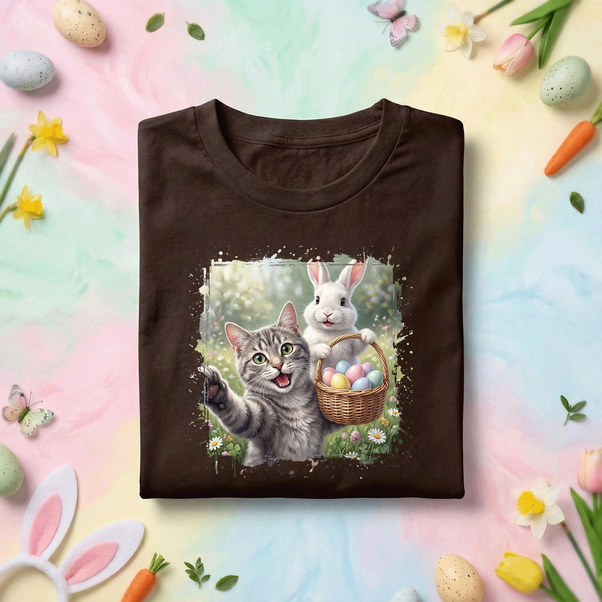 Cute Easter Cat and Bunny Shirt, Easter Egg Basket Cat Lover Tee, Funny Spring Easter Bunny Graphic Shirt, Cat Lover Holiday Gift Tee