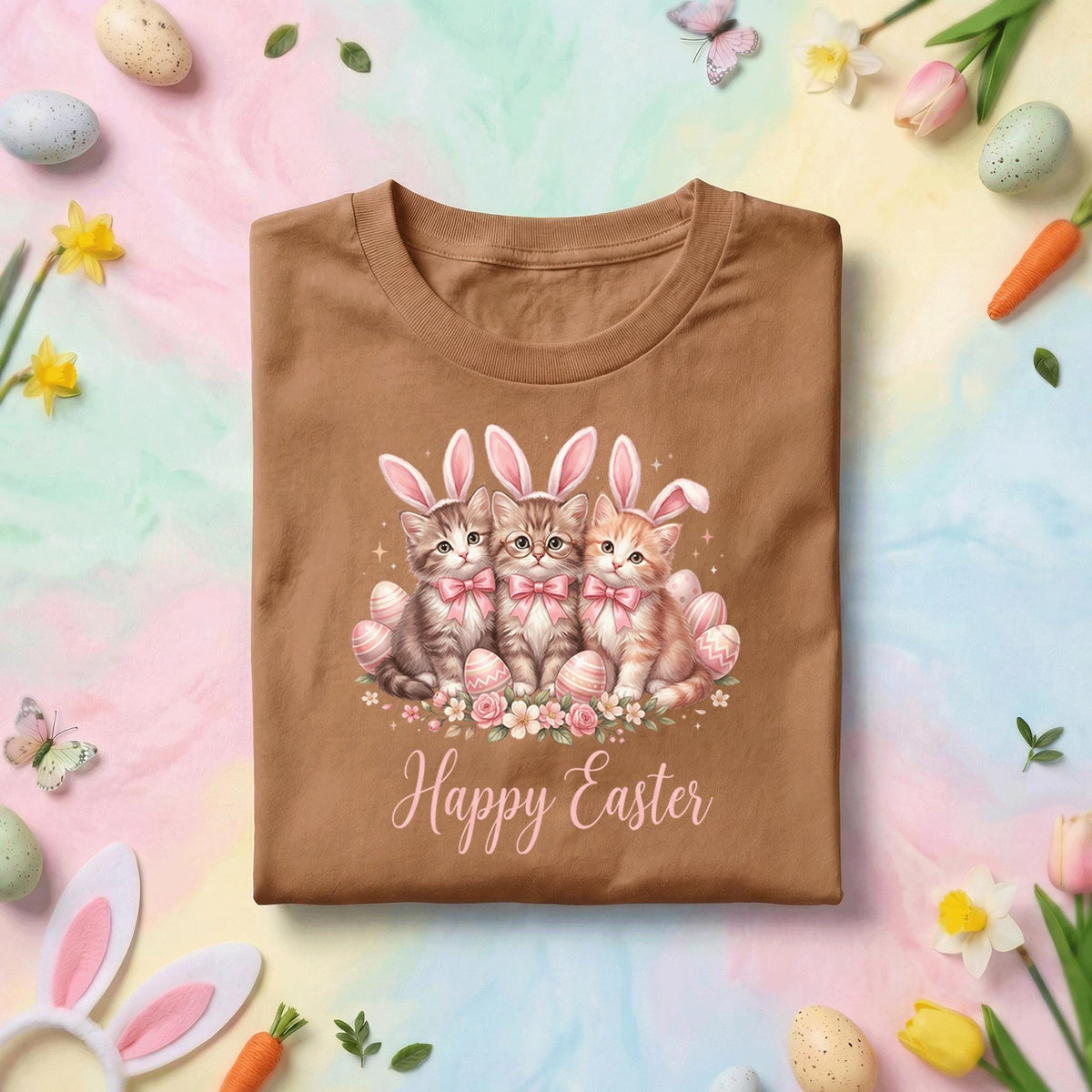 Happy Easter Cat Shirt, Cute Kittens With Bunny Ears Easter Tee, Cat Lover Easter Shirt, Pastel Spring Holiday Graphic Tee Gift