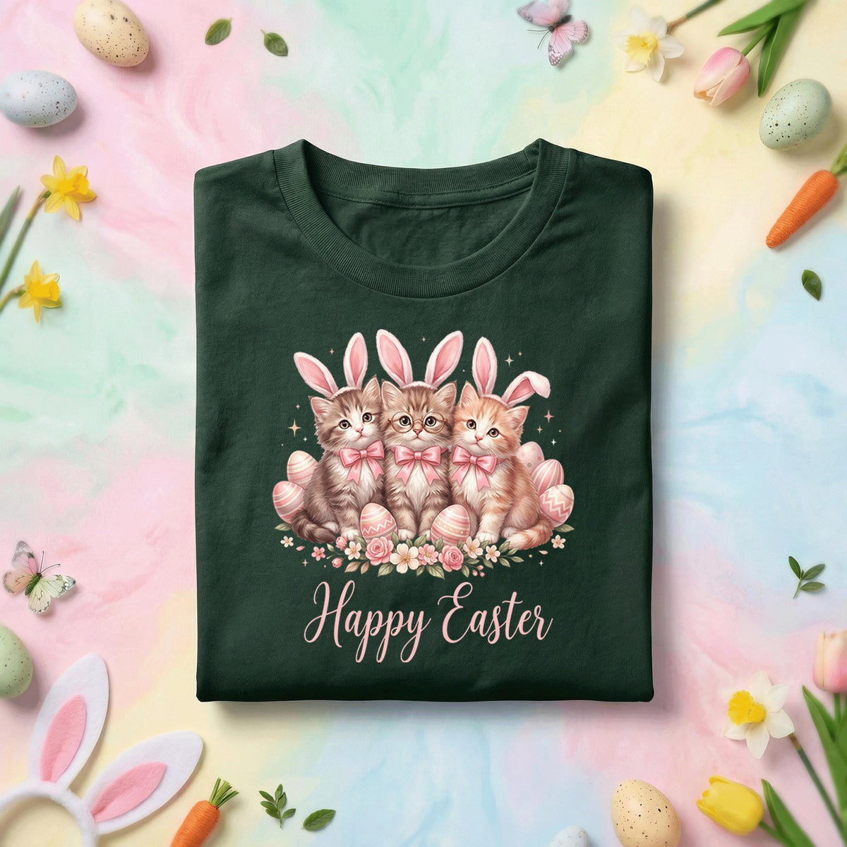Happy Easter Cat Shirt, Cute Kittens With Bunny Ears Easter Tee, Cat Lover Easter Shirt, Pastel Spring Holiday Graphic Tee Gift
