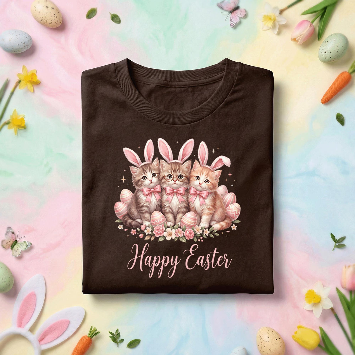 Happy Easter Cat Shirt, Cute Kittens With Bunny Ears Easter Tee, Cat Lover Easter Shirt, Pastel Spring Holiday Graphic Tee Gift