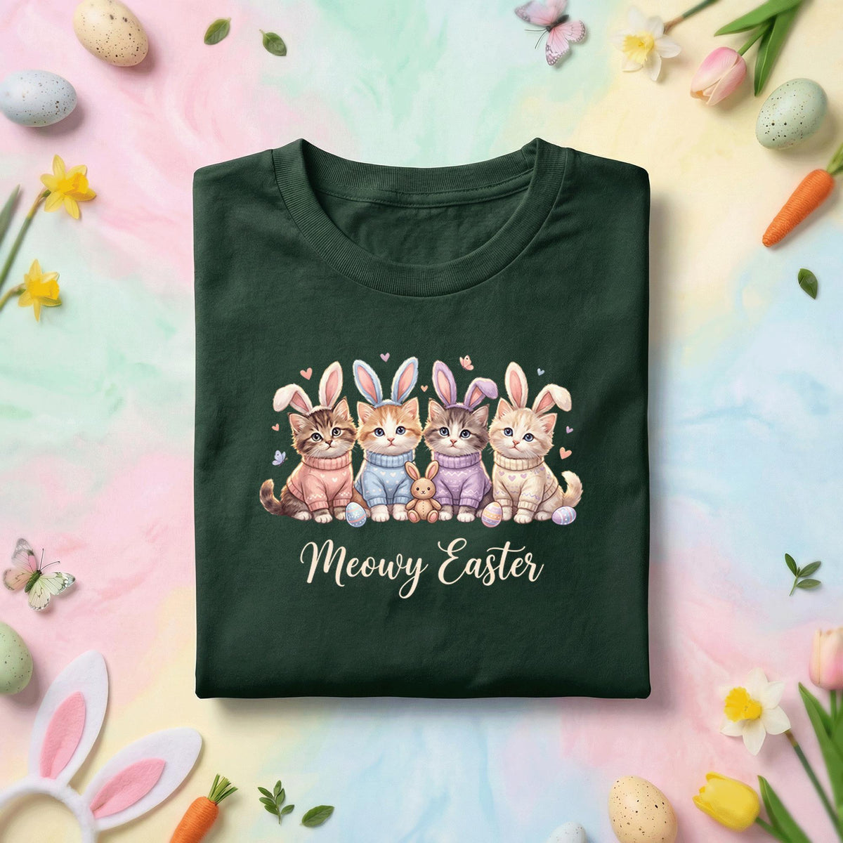 Meowy Easter Cat Shirt, Cute Kittens With Bunny Ears Easter Tee, Funny Cat Lover Easter Shirt, Pastel Spring Holiday Graphic Tee