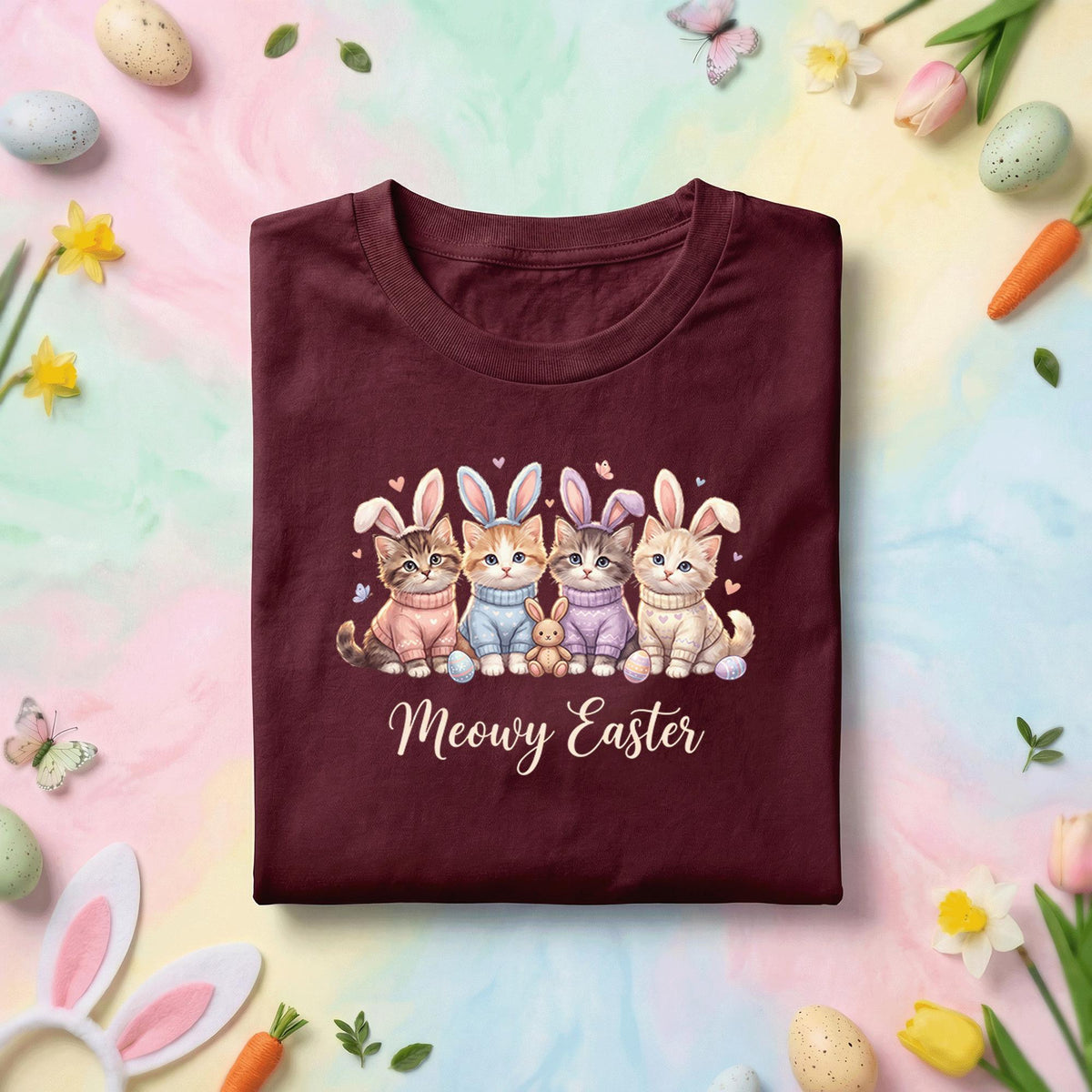 Meowy Easter Cat Shirt, Cute Kittens With Bunny Ears Easter Tee, Funny Cat Lover Easter Shirt, Pastel Spring Holiday Graphic Tee