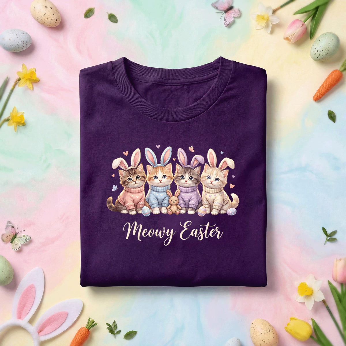 Meowy Easter Cat Shirt, Cute Kittens With Bunny Ears Easter Tee, Funny Cat Lover Easter Shirt, Pastel Spring Holiday Graphic Tee