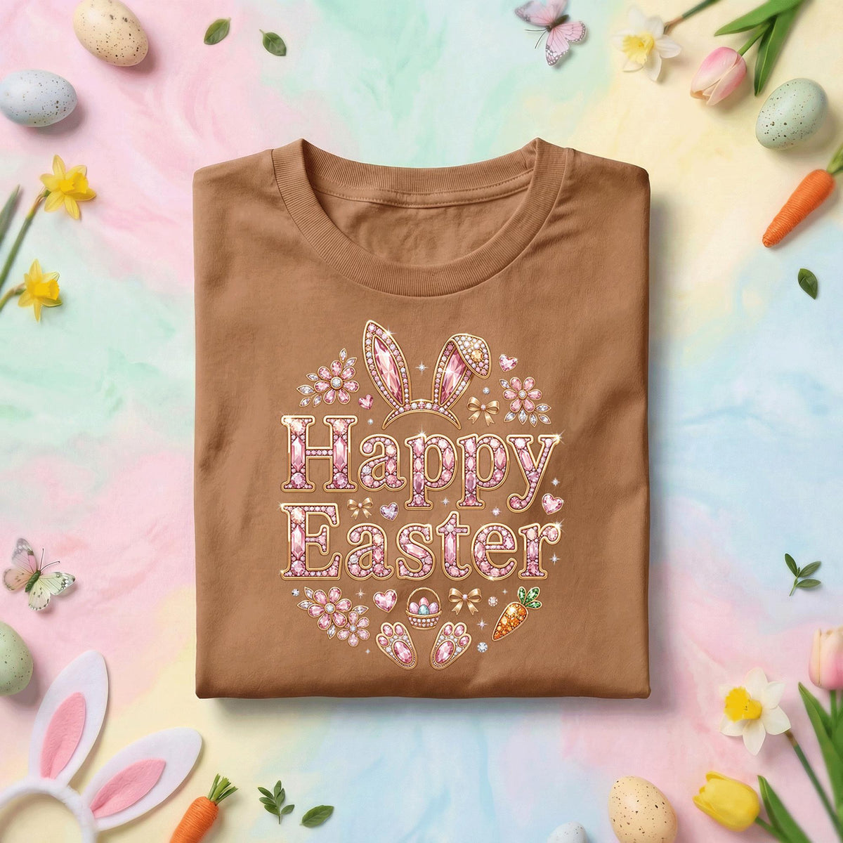 Happy Easter Bunny Shirt, Cute Pink Sparkle Easter Bunny Ears Tee, Girly Easter Graphic Shirt, Spring Holiday Easter Gift Tee