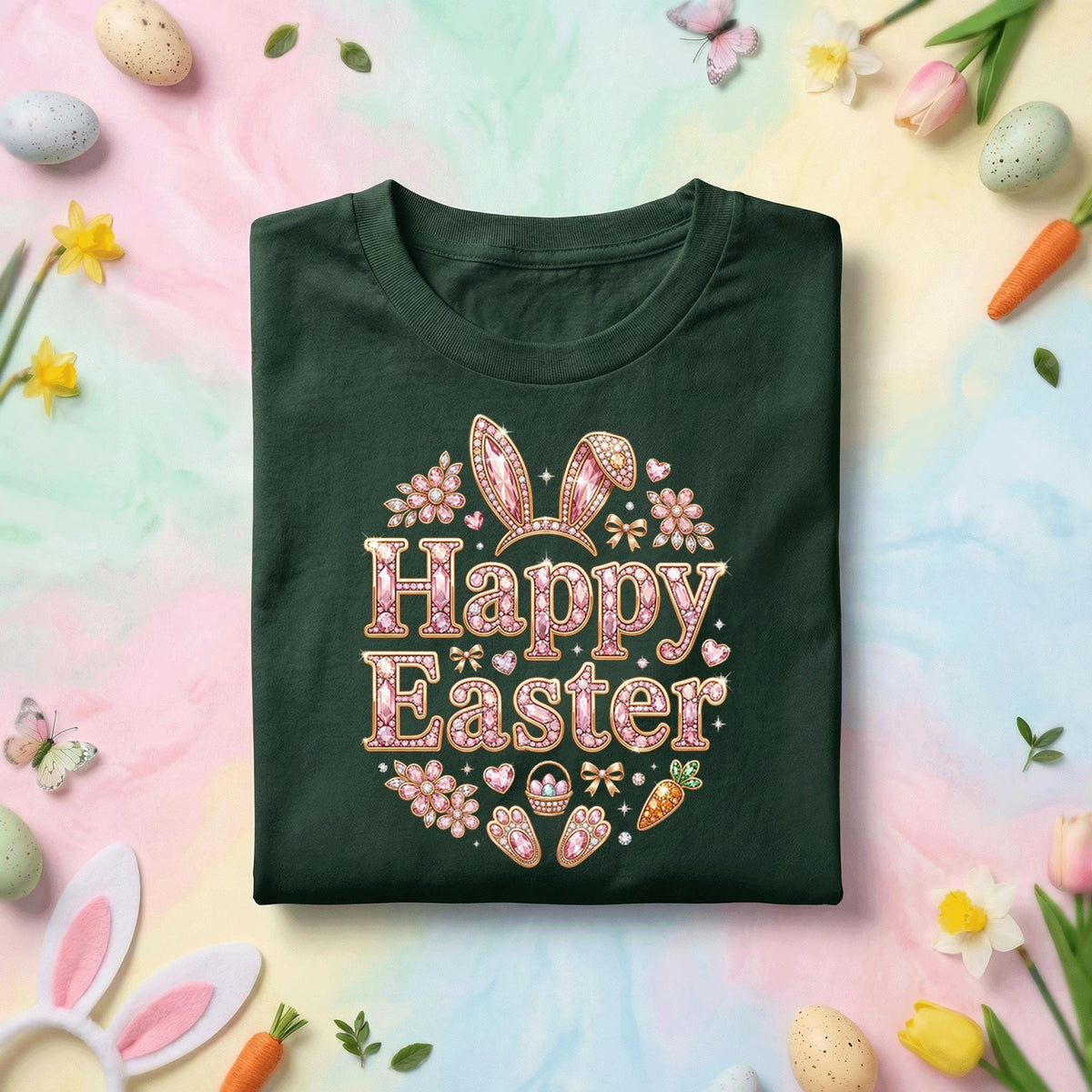 Happy Easter Bunny Shirt, Cute Pink Sparkle Easter Bunny Ears Tee, Girly Easter Graphic Shirt, Spring Holiday Easter Gift Tee