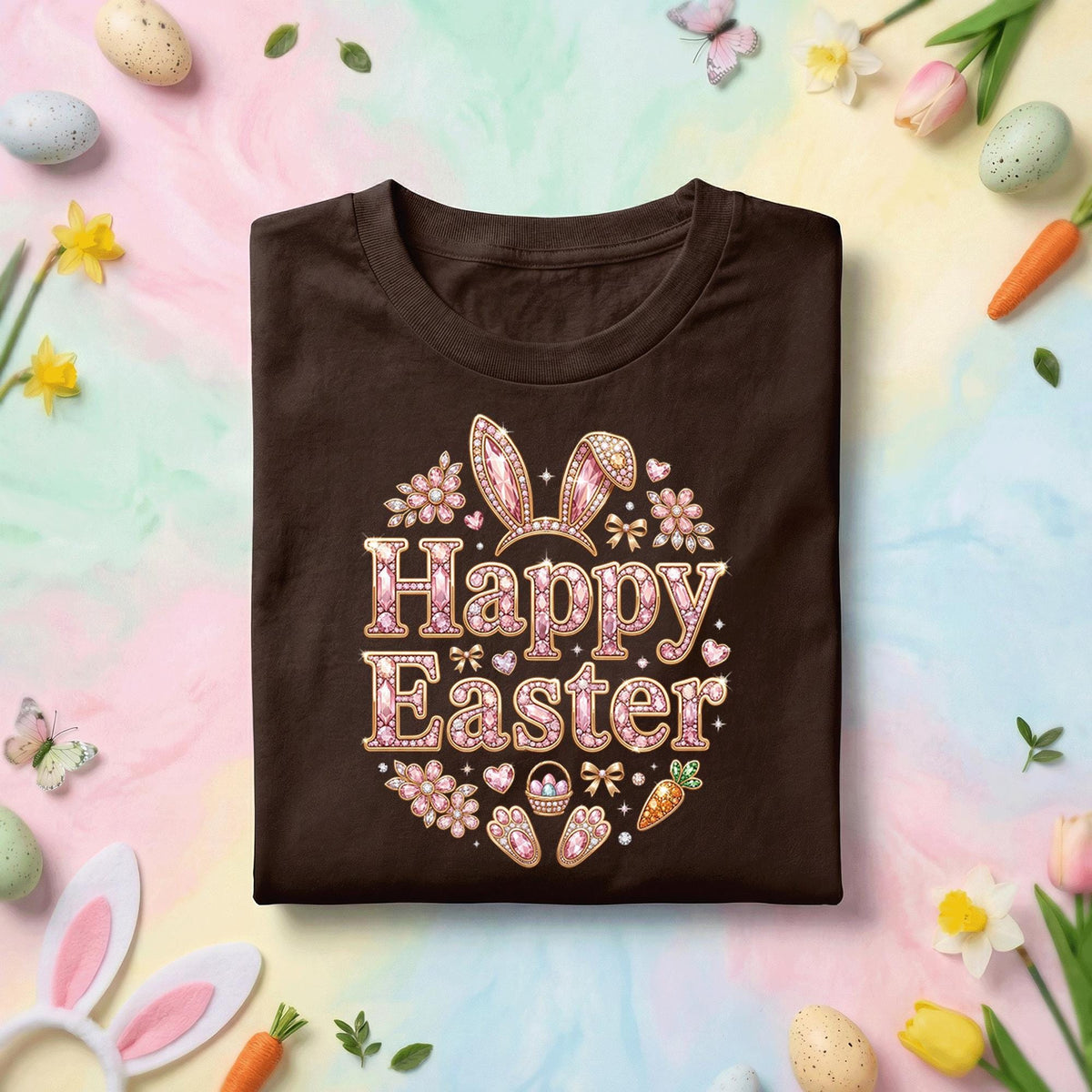 Happy Easter Bunny Shirt, Cute Pink Sparkle Easter Bunny Ears Tee, Girly Easter Graphic Shirt, Spring Holiday Easter Gift Tee
