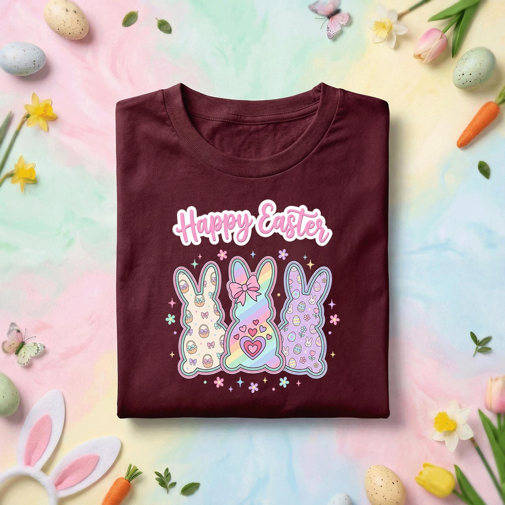 Happy Easter Bunny Shirt, Cute Pastel Bunny Trio Easter Tee, Kawaii Bunny Easter Graphic Shirt, Spring Egg Hunt Holiday Gift