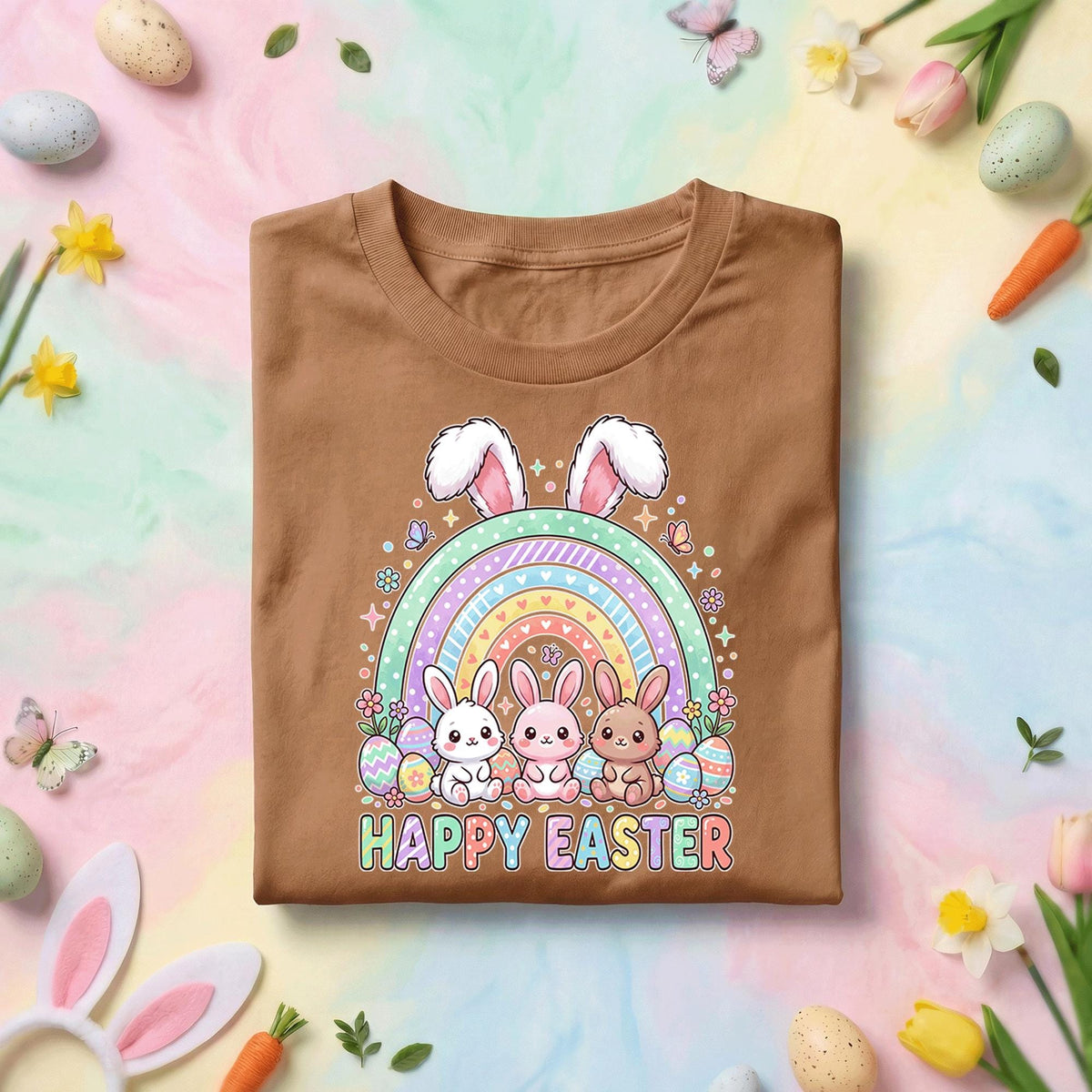 Cute Happy Easter Bunny Shirt Rainbow Easter Bunny Graphic Tee, Kawaii Bunny Easter Shirt, Pastel Easter Egg Hunt Shirt