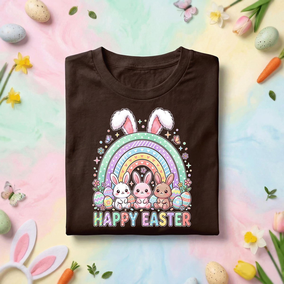 Cute Happy Easter Bunny Shirt Rainbow Easter Bunny Graphic Tee, Kawaii Bunny Easter Shirt, Pastel Easter Egg Hunt Shirt