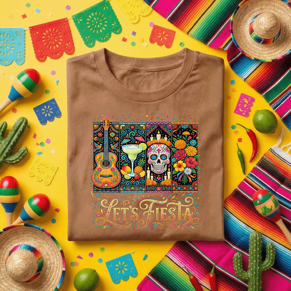 Lets Fiesta Mexican Party Shirt, Cinco de Mayo Celebration T Shirt, Sugar Skull Margarita Guitar Tee, Colorful Fiesta Festival Shirt