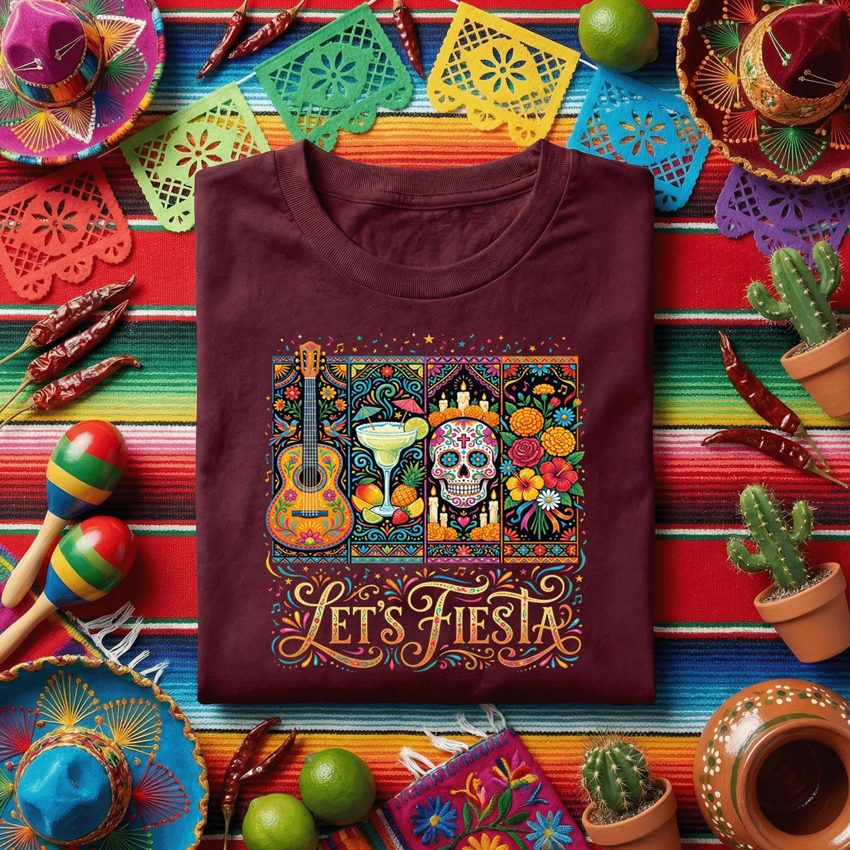 Lets Fiesta Mexican Party Shirt, Cinco de Mayo Celebration T Shirt, Sugar Skull Margarita Guitar Tee, Colorful Fiesta Festival Shirt