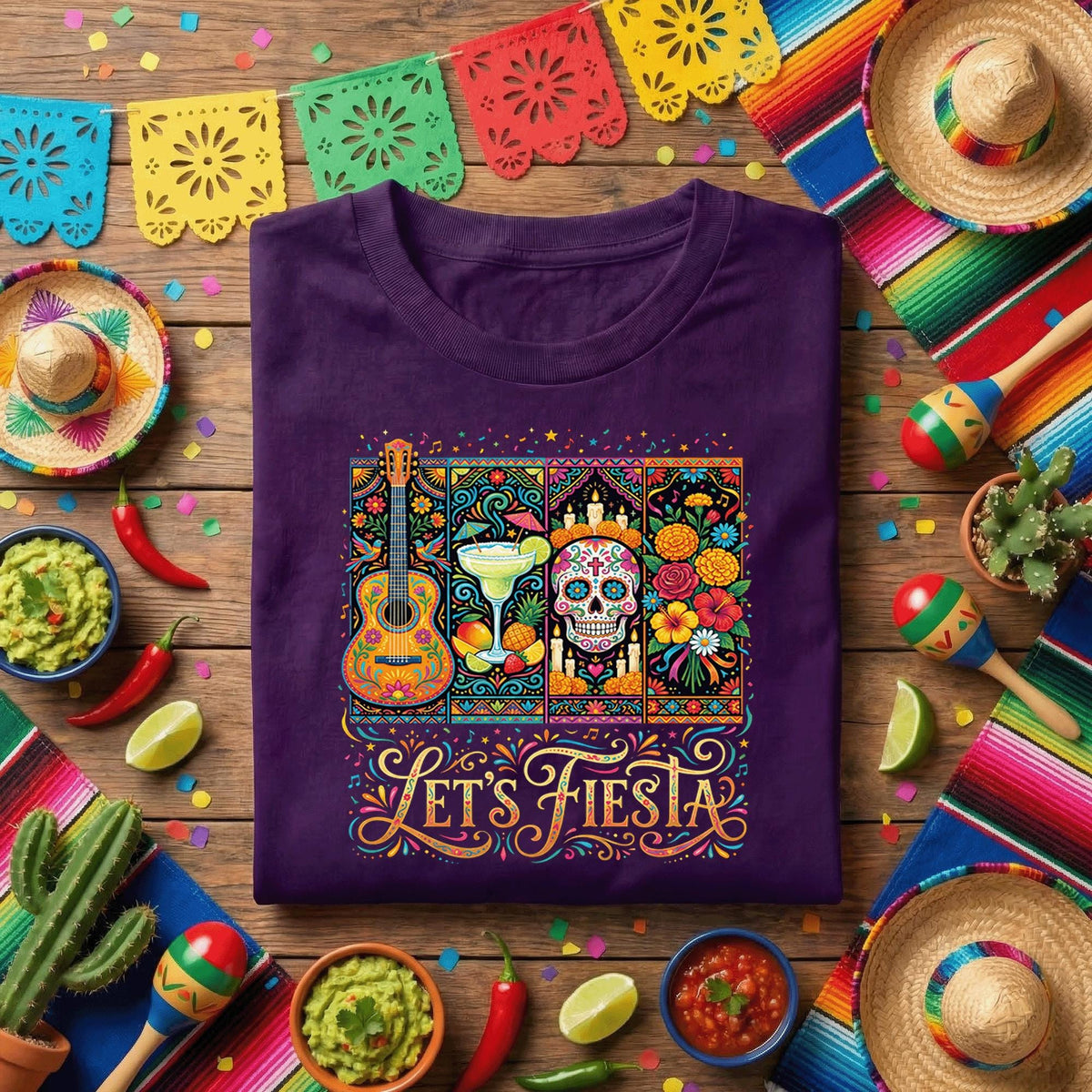 Lets Fiesta Mexican Party Shirt, Cinco de Mayo Celebration T Shirt, Sugar Skull Margarita Guitar Tee, Colorful Fiesta Festival Shirt