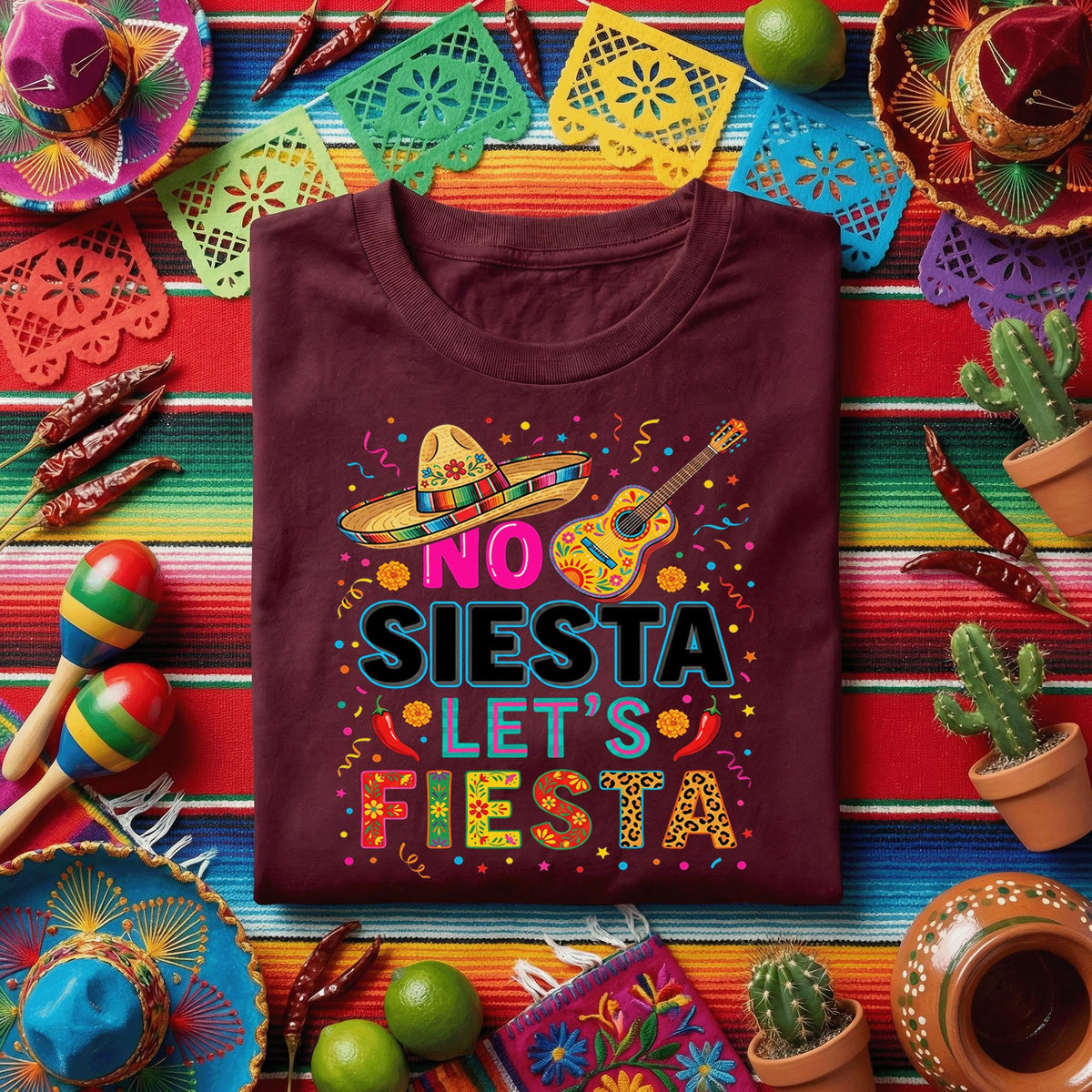 No Siesta Lets Fiesta Cinco de Mayo Shirt, Funny Mexican Fiesta Party T Shirt, Sombrero Guitar Celebration Tee Gift