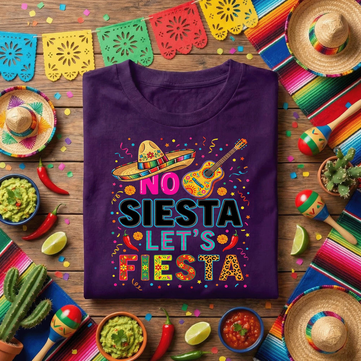 No Siesta Lets Fiesta Cinco de Mayo Shirt, Funny Mexican Fiesta Party T Shirt, Sombrero Guitar Celebration Tee Gift