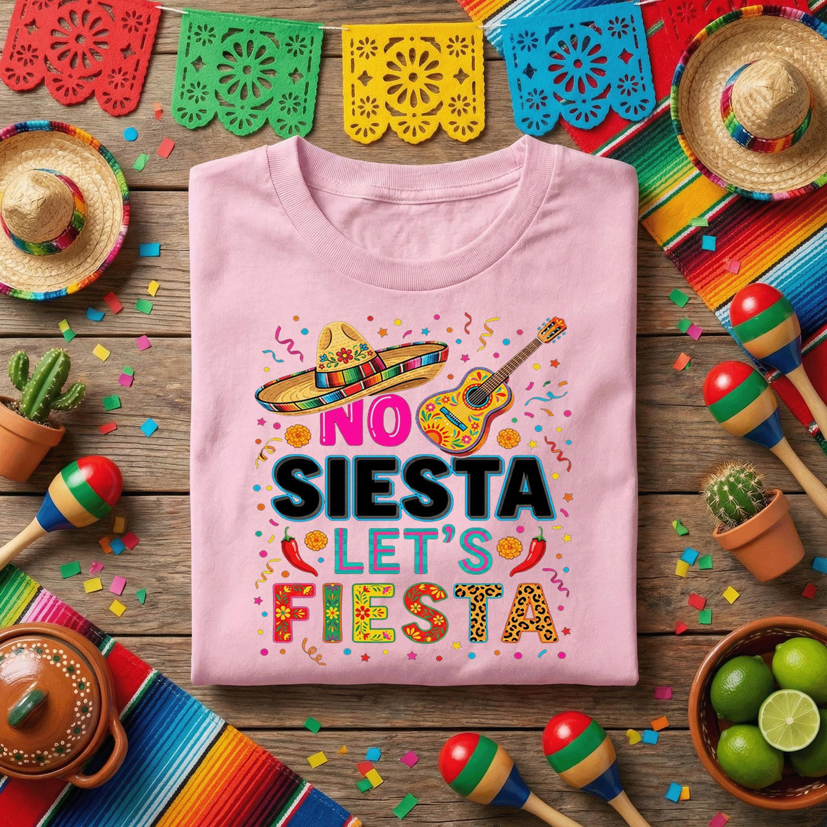 No Siesta Lets Fiesta Cinco de Mayo Shirt, Funny Mexican Fiesta Party T Shirt, Sombrero Guitar Celebration Tee Gift