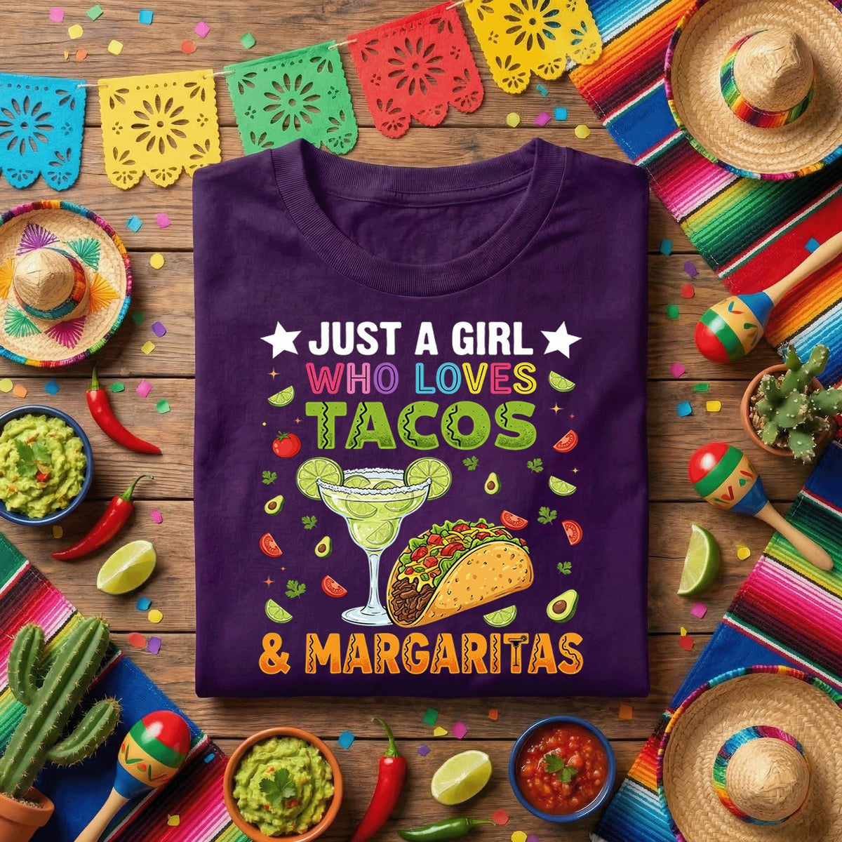 Just A Girl Who Loves Tacos And Margaritas Shirt, Funny Cinco de Mayo Taco Lover T Shirt, Mexican Fiesta Party Tee Gift