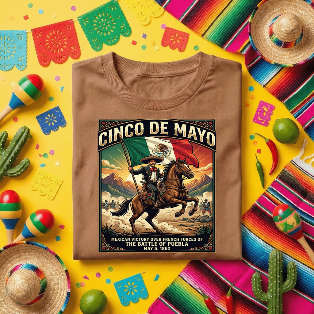 Cinco de Mayo Battle of Puebla Shirt, Mexican Victory 1862 T Shirt, Historic Mexico Flag Horse Rider Tee Fiesta Gift