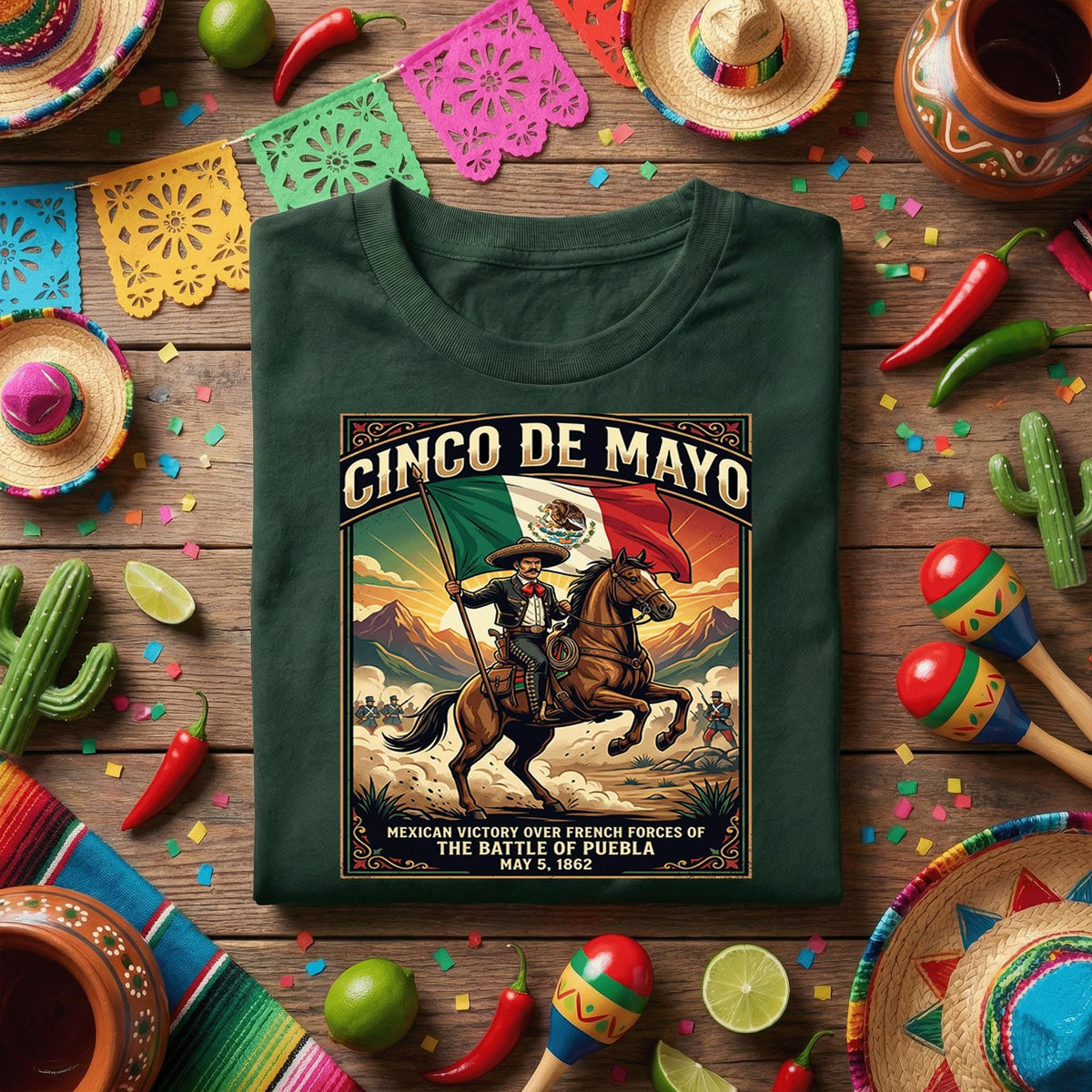 Cinco de Mayo Battle of Puebla Shirt, Mexican Victory 1862 T Shirt, Historic Mexico Flag Horse Rider Tee Fiesta Gift