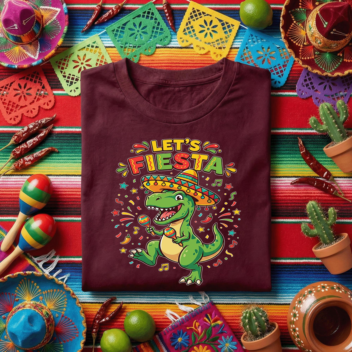 Let’s Fiesta Dinosaur Shirt Funny Cinco de Mayo T Rex T Shirt, Cute Fiesta Dino with Sombrero and Maracas Party Tee
