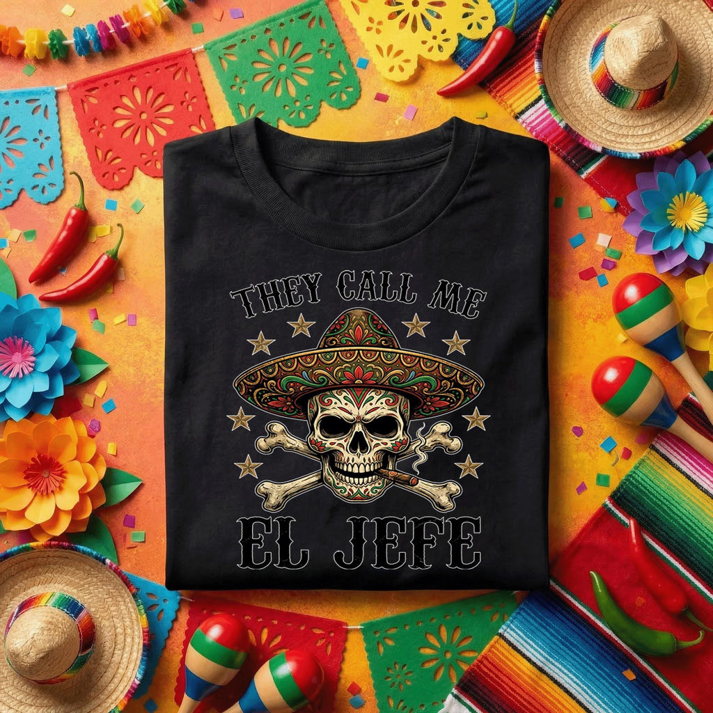 They Call Me El Jefe Skull Shirt Funny Cinco De Mayo Shirt, Mexican Sombrero Skull Tee, Day of the Dead Boss Fiesta Tee