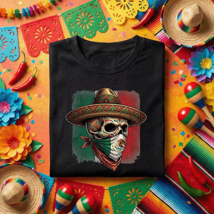 Mexican Skull Bandana Shirt Cinco De Mayo Sugar Skull Tee, Mexican Flag Skull Sombrero Shirt