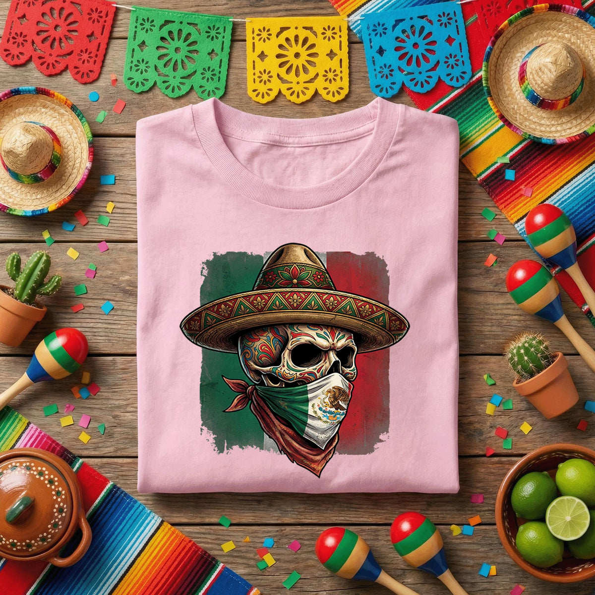 Mexican Skull Bandana Shirt Cinco De Mayo Sugar Skull Tee, Mexican Flag Skull Sombrero Shirt, Day of the Dead Fiesta Tee