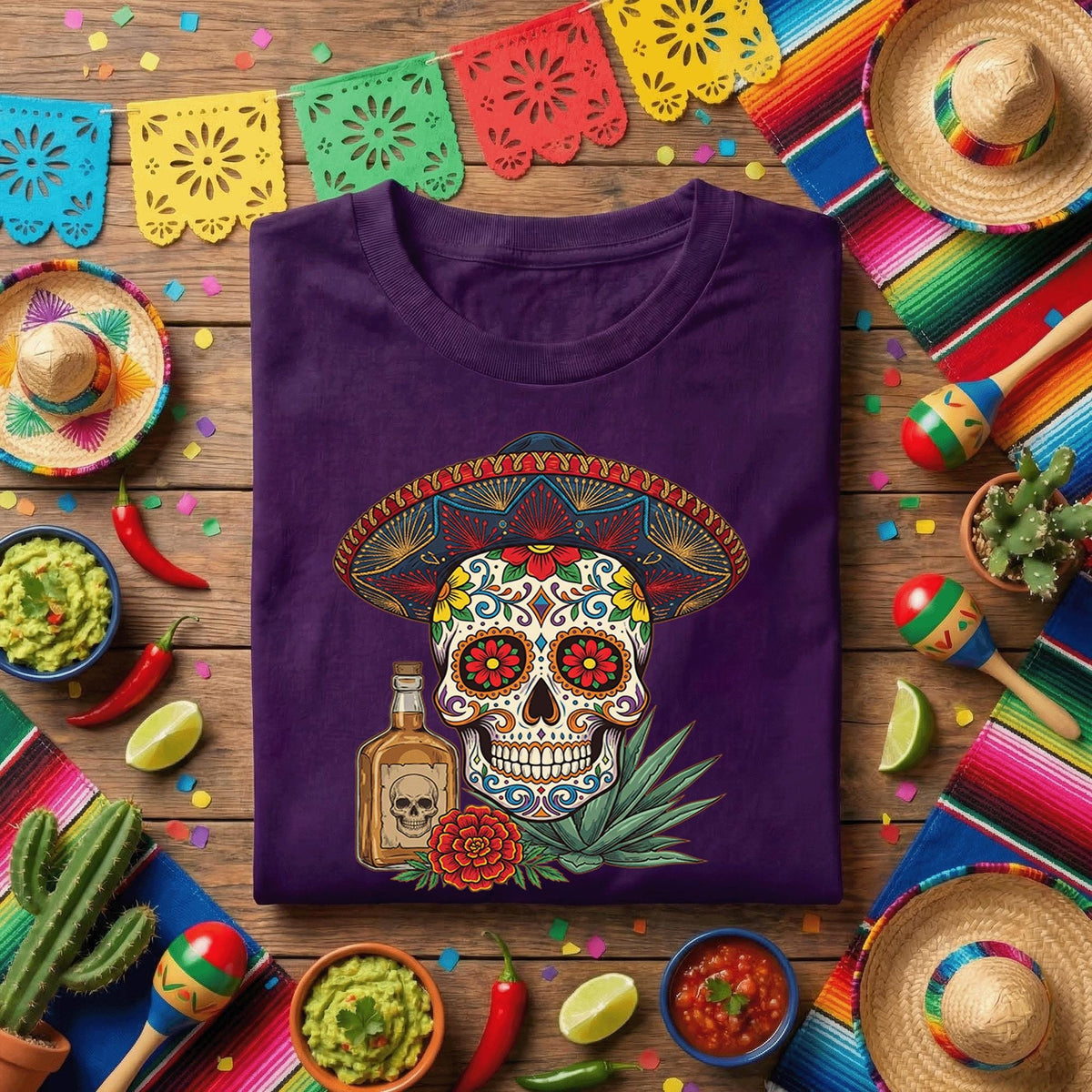 Sugar Skull Sombrero Shirt Cinco De Mayo Tequila Shirt, Day of the Dead Skull Tee, Mexican Fiesta Skull Shirt