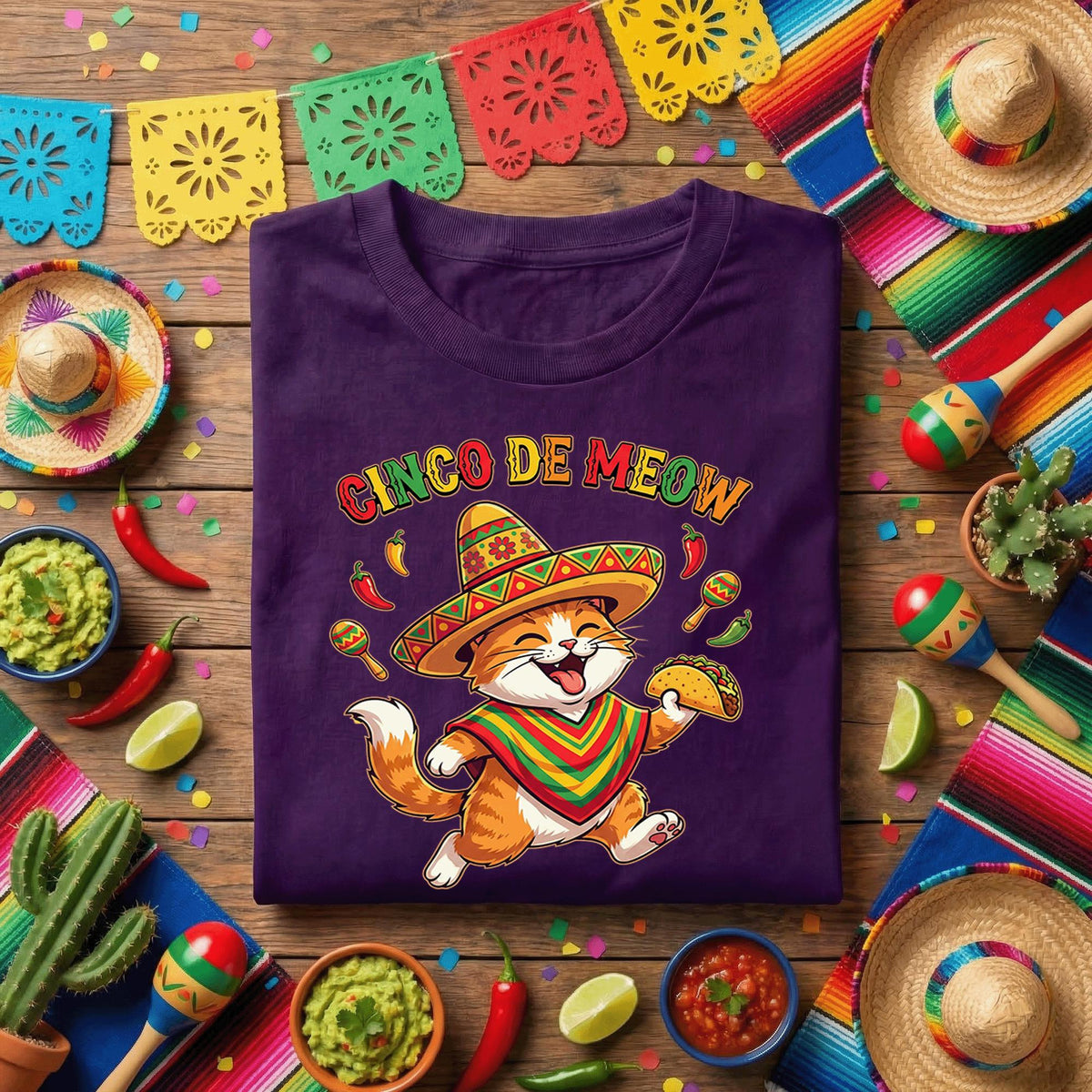 Cinco De Meow Cat Shirt Funny Cinco De Mayo Cat Taco Tee, Fiesta Cat Sombrero Shirt, Cute Mexican Cat Party Tee