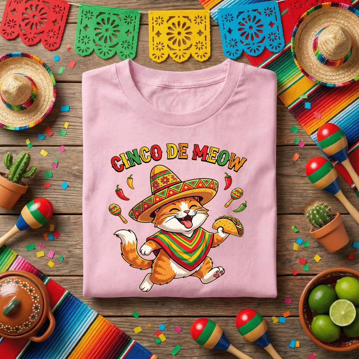 Cinco De Meow Cat Shirt Funny Cinco De Mayo Cat Taco Tee, Fiesta Cat Sombrero Shirt, Cute Mexican Cat Party Tee