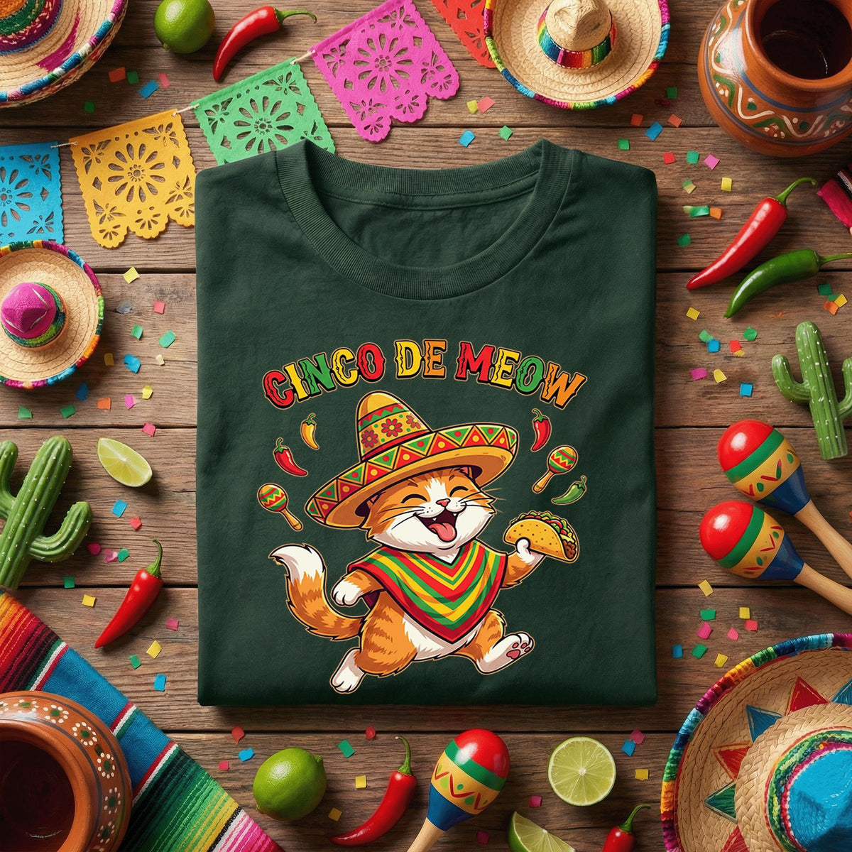 Cinco De Meow Cat Shirt Funny Cinco De Mayo Cat Taco Tee, Fiesta Cat Sombrero Shirt, Cute Mexican Cat Party Tee