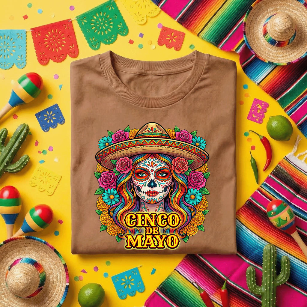 Cinco De Mayo Sugar Skull Woman Shirt Day of the Dead Lady Tee, Mexican Fiesta Sombrero Skull Shirt, Colorful Dia de los Muertos Tee