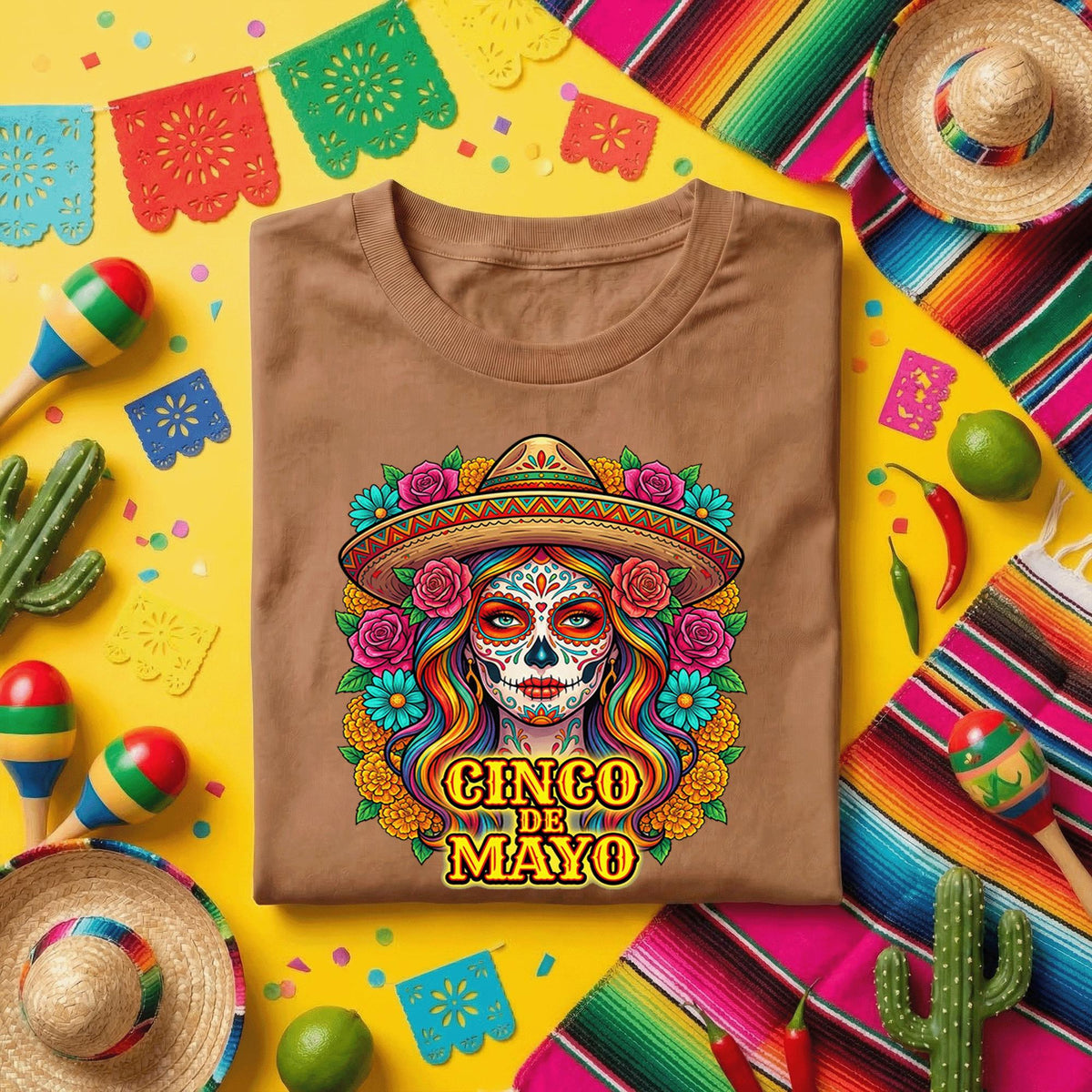 Cinco De Mayo Sugar Skull Woman Shirt Day of the Dead Lady Tee, Mexican Fiesta Sombrero Skull Shirt, Colorful Dia de los Muertos Tee