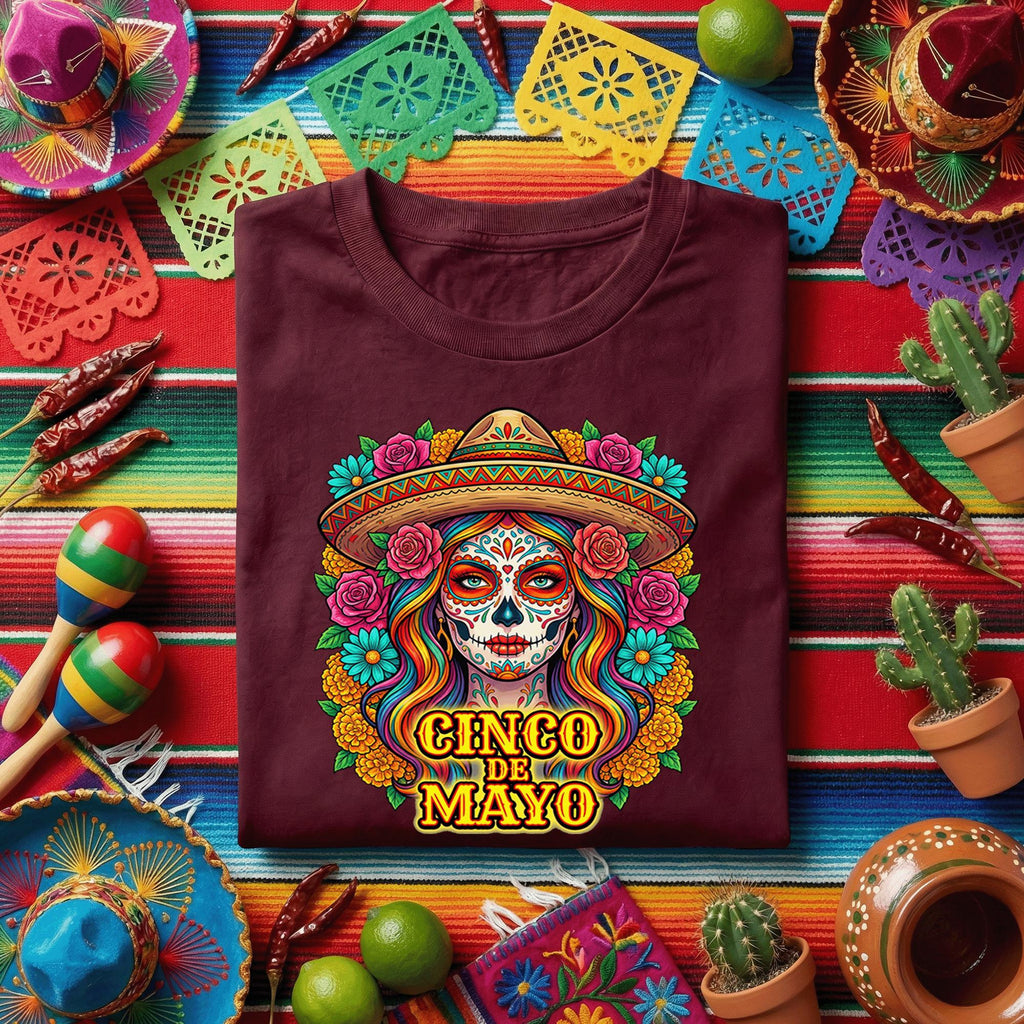 Cinco De Mayo Sugar Skull Woman Shirt Day of the Dead Lady Tee, Mexican Fiesta Sombrero Skull Shirt, Colorful Dia de los Muertos Tee