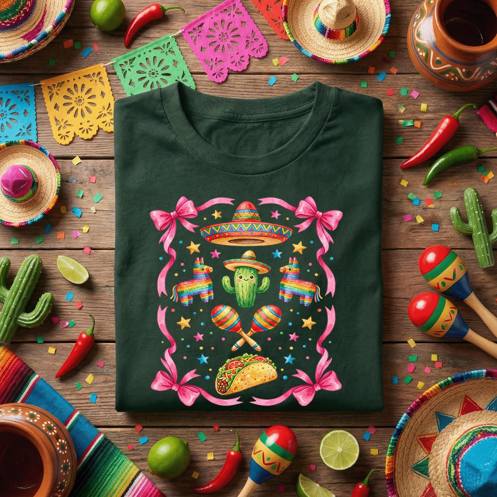 Cinco De Mayo Cute Fiesta Shirt Pink Bow Mexican Party Tee, Kawaii Cactus Sombrero Taco Shirt, Girls Fiesta Maracas Tee