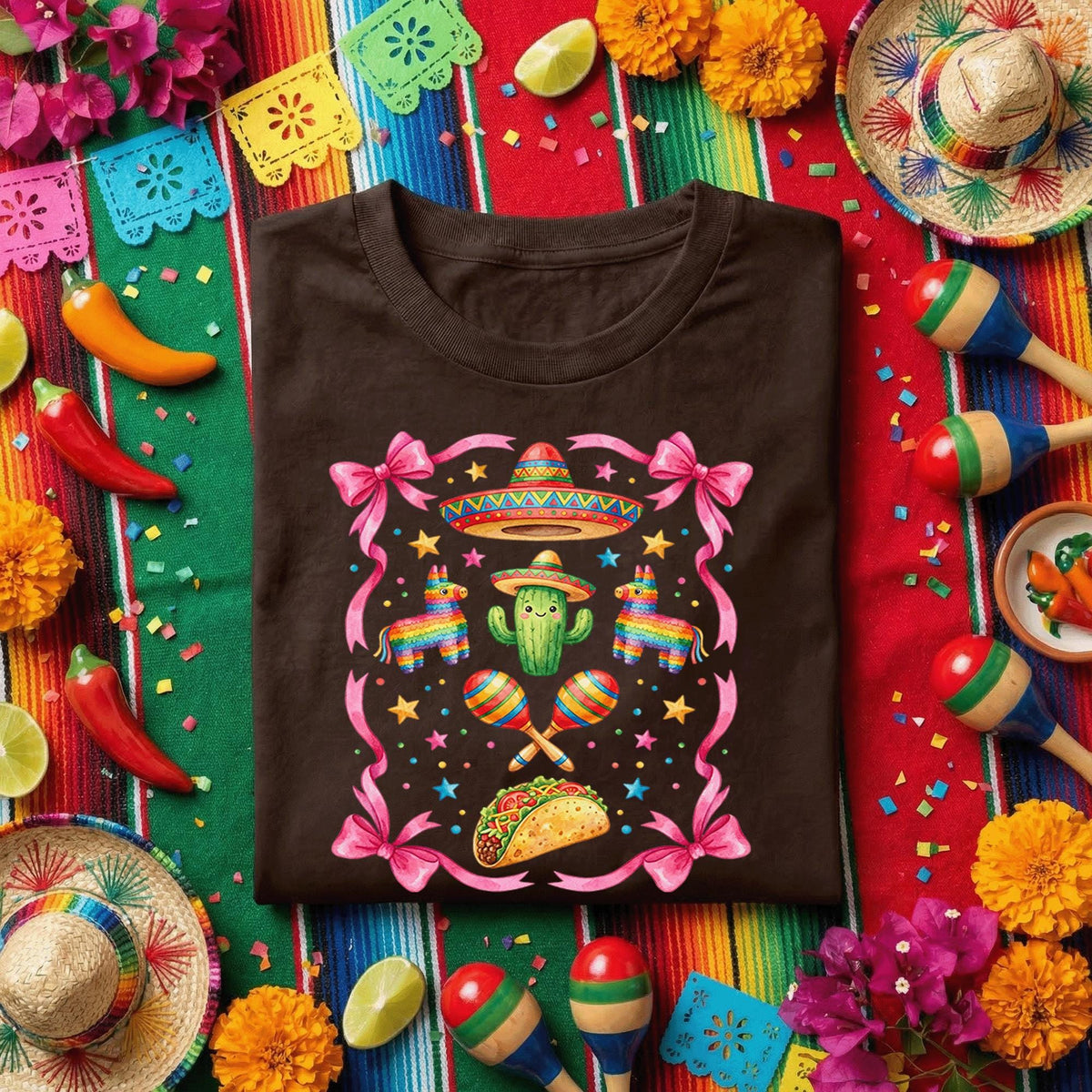 Cinco De Mayo Cute Fiesta Shirt Pink Bow Mexican Party Tee, Kawaii Cactus Sombrero Taco Shirt