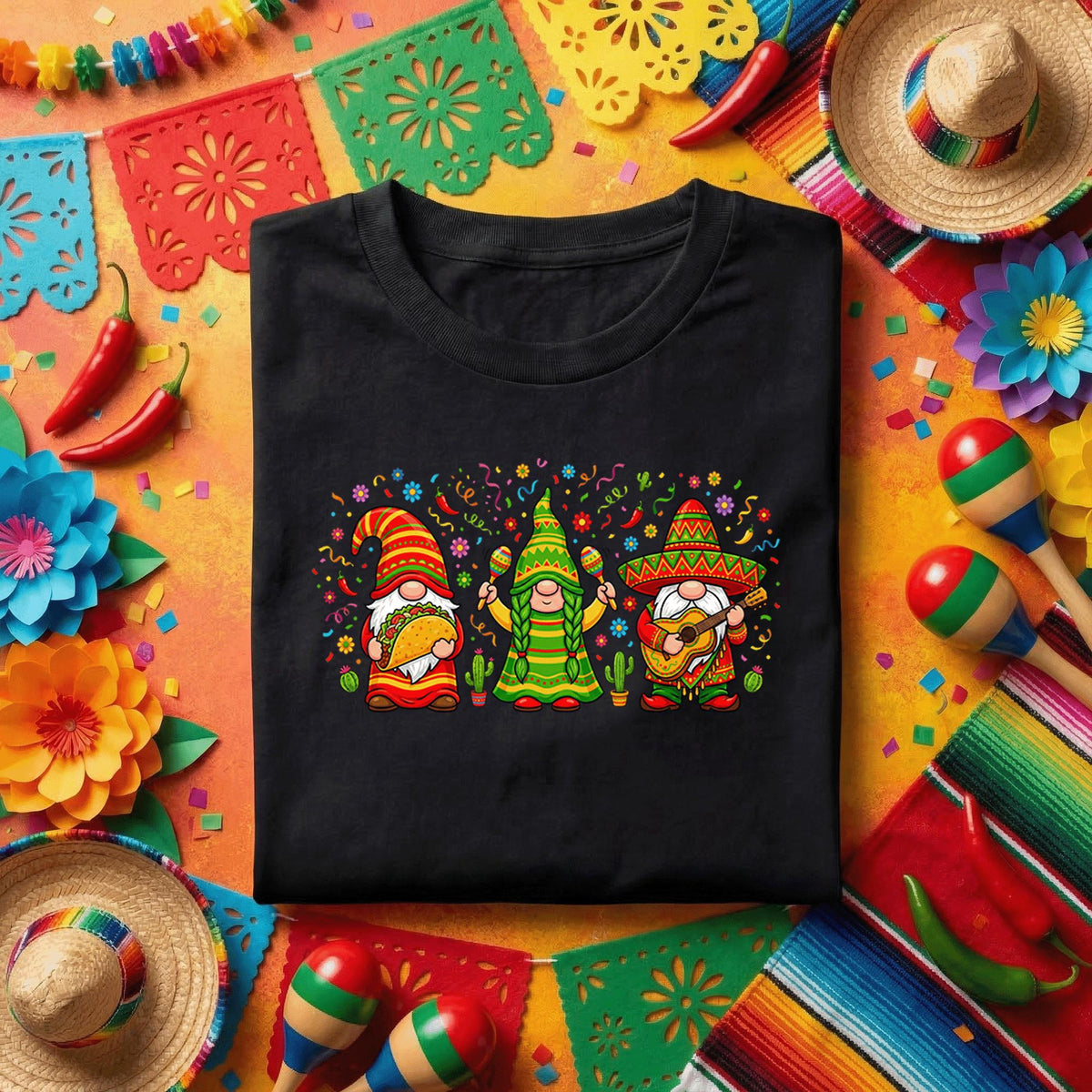 Cinco De Mayo Gnome Trio Shirt Funny Fiesta Gnomes Tee, Mexican Taco Guitar Maracas Gnome Shirt, Cute Cinco De Mayo Party Tee