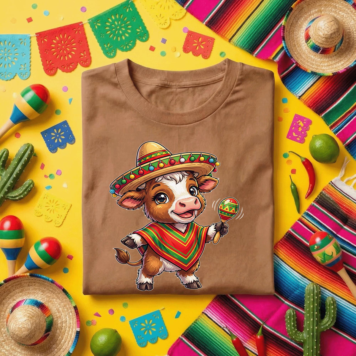 Cinco De Mayo Baby Cow Shirt Cute Fiesta Cow Sombrero Tee, Funny Mexican Fiesta Calf With Maracas Shirt, Adorable Cinco De Mayo Party Tee