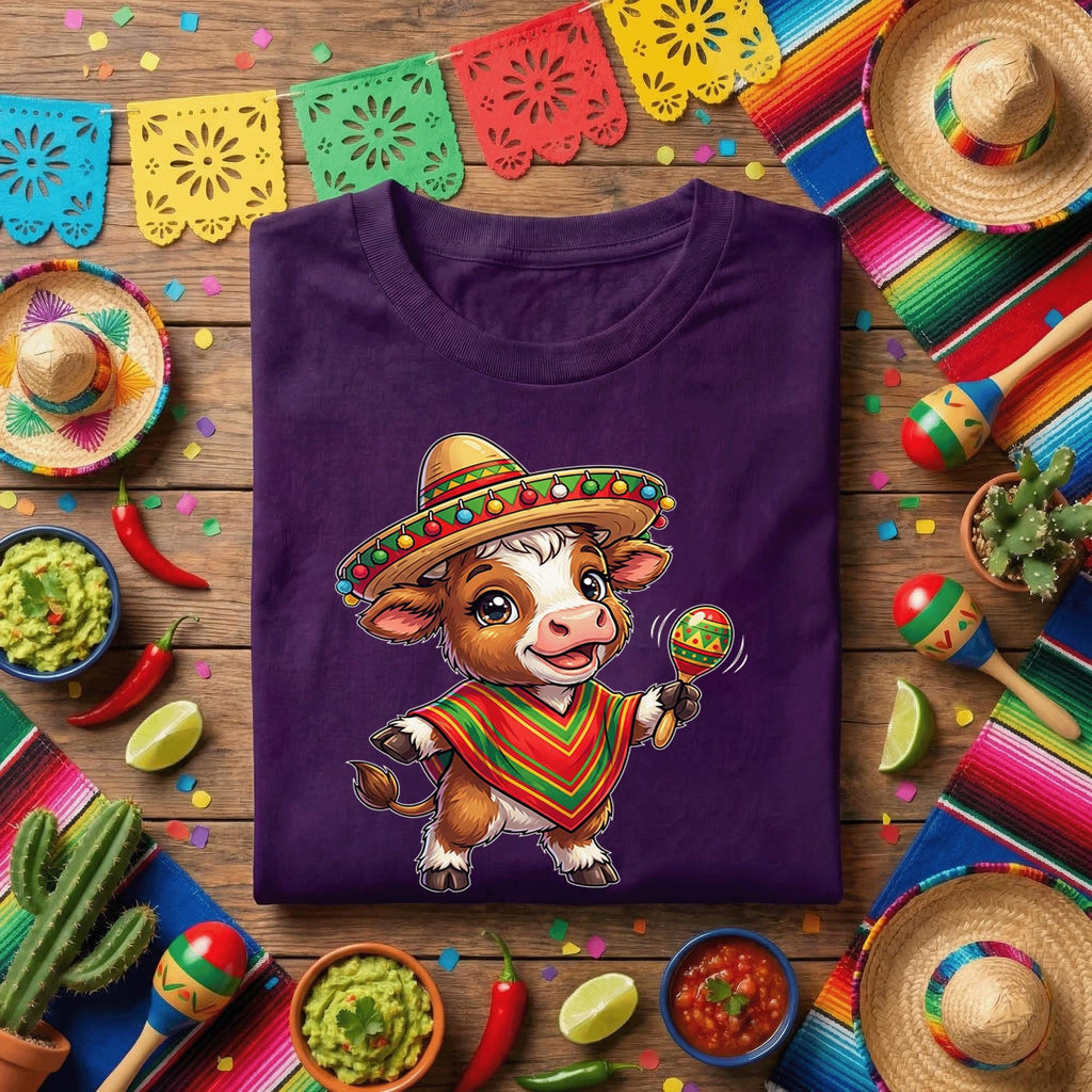 Cinco De Mayo Baby Cow Shirt Cute Fiesta Cow Sombrero Tee, Funny Mexican Fiesta Calf With Maracas Shirt, Adorable Cinco De Mayo Party Tee