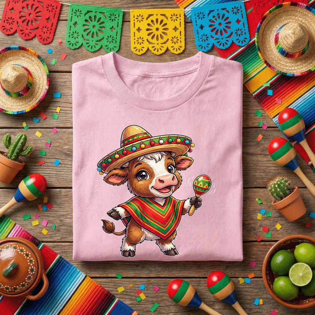Cinco De Mayo Baby Cow Shirt Cute Fiesta Cow Sombrero Tee, Funny Mexican Fiesta Calf With Maracas Shirt, Adorable Cinco De Mayo Party Tee