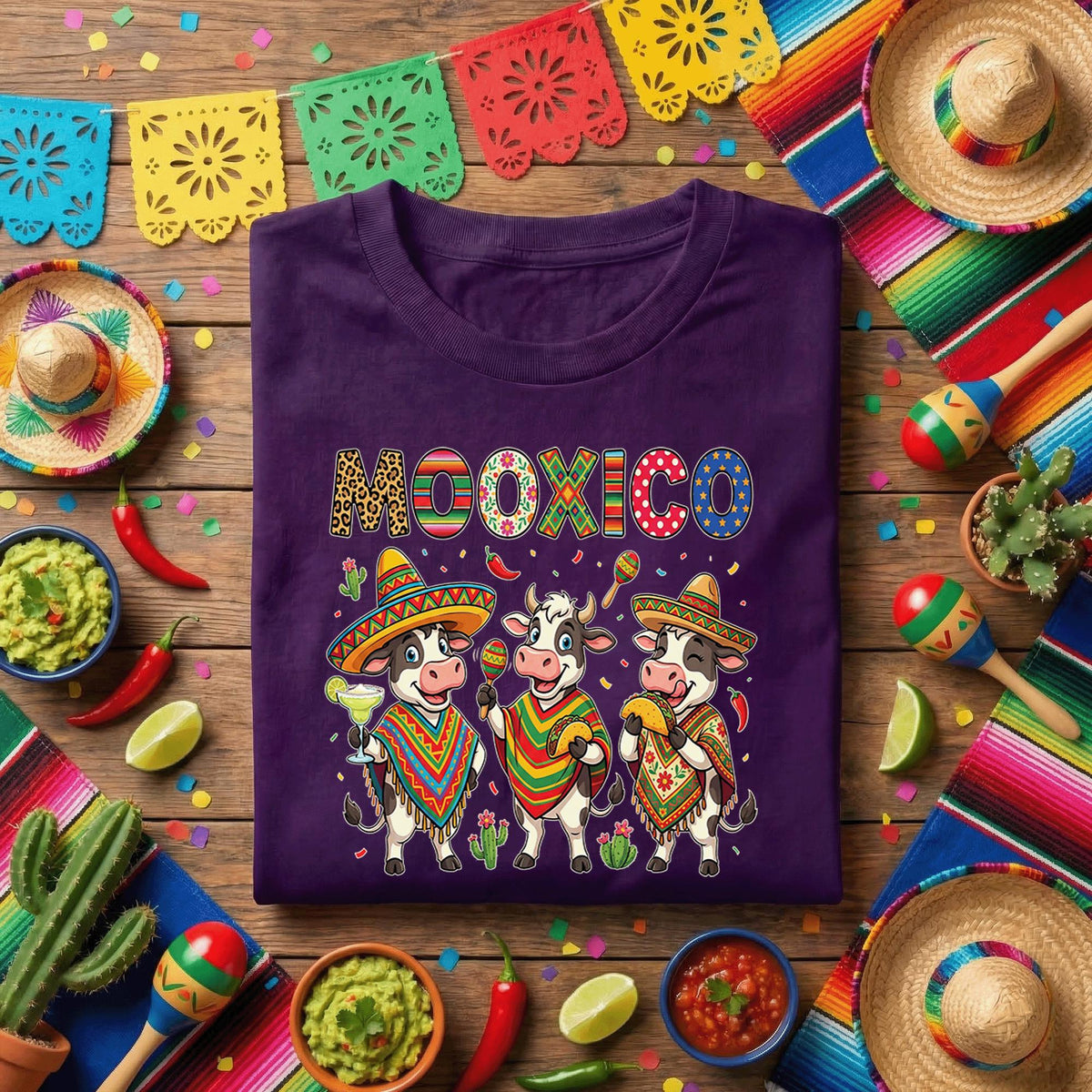MooXico Cinco De Mayo Cow Shirt Funny Fiesta Cow Trio Tee, Mexican Sombrero Cow Taco Margarita Party Shirt, Cute Cinco De Mayo Tee