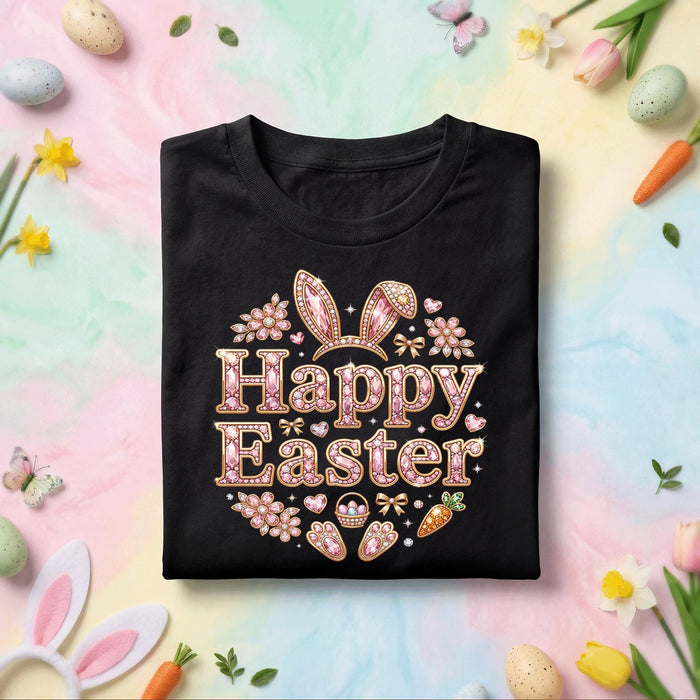 Happy Easter Bunny Shirt, Cute Pink Sparkle Easter Bunny Ears Tee