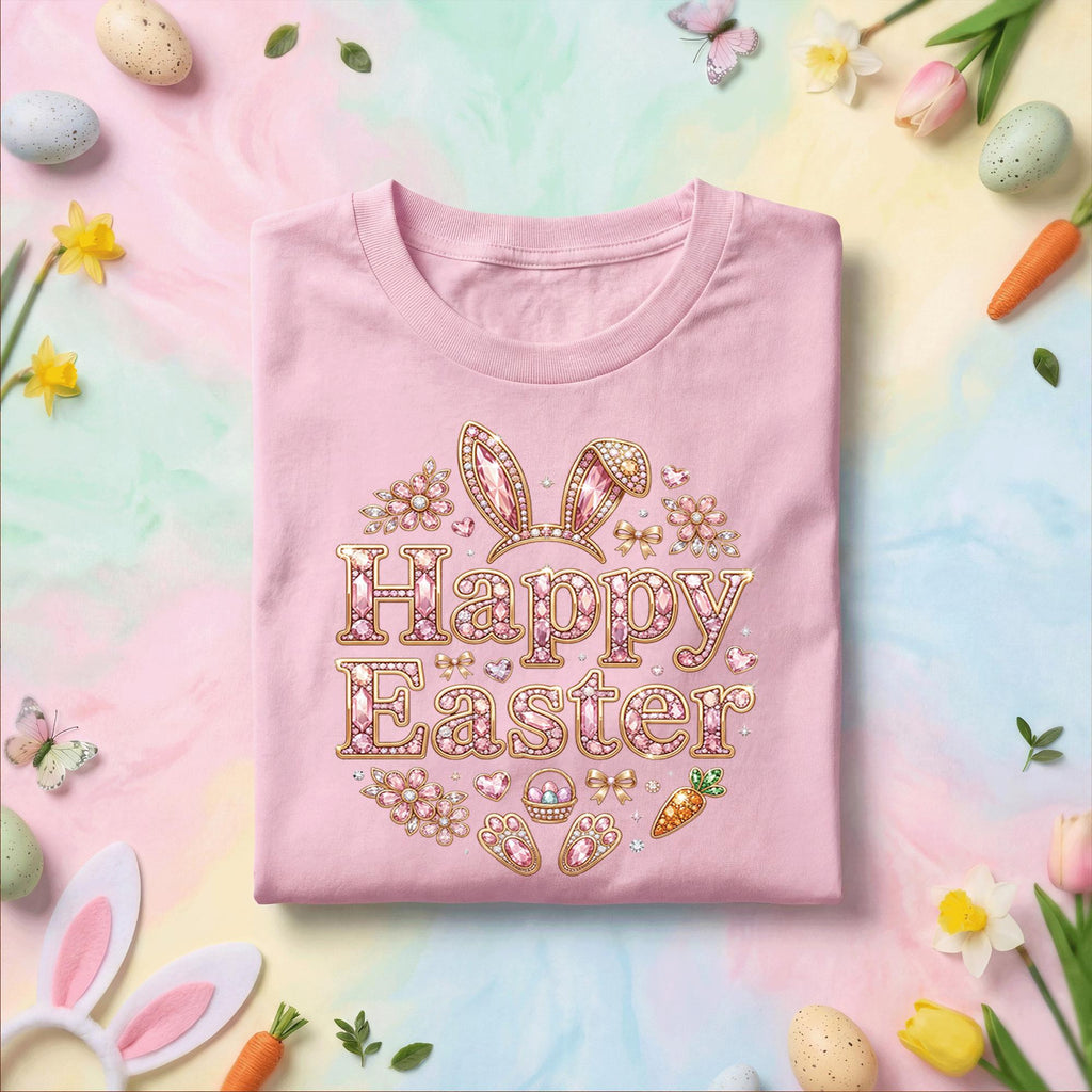 Happy Easter Bunny Shirt, Cute Pink Sparkle Easter Bunny Ears Tee, Girly Easter Graphic Shirt, Spring Holiday Easter Gift Tee