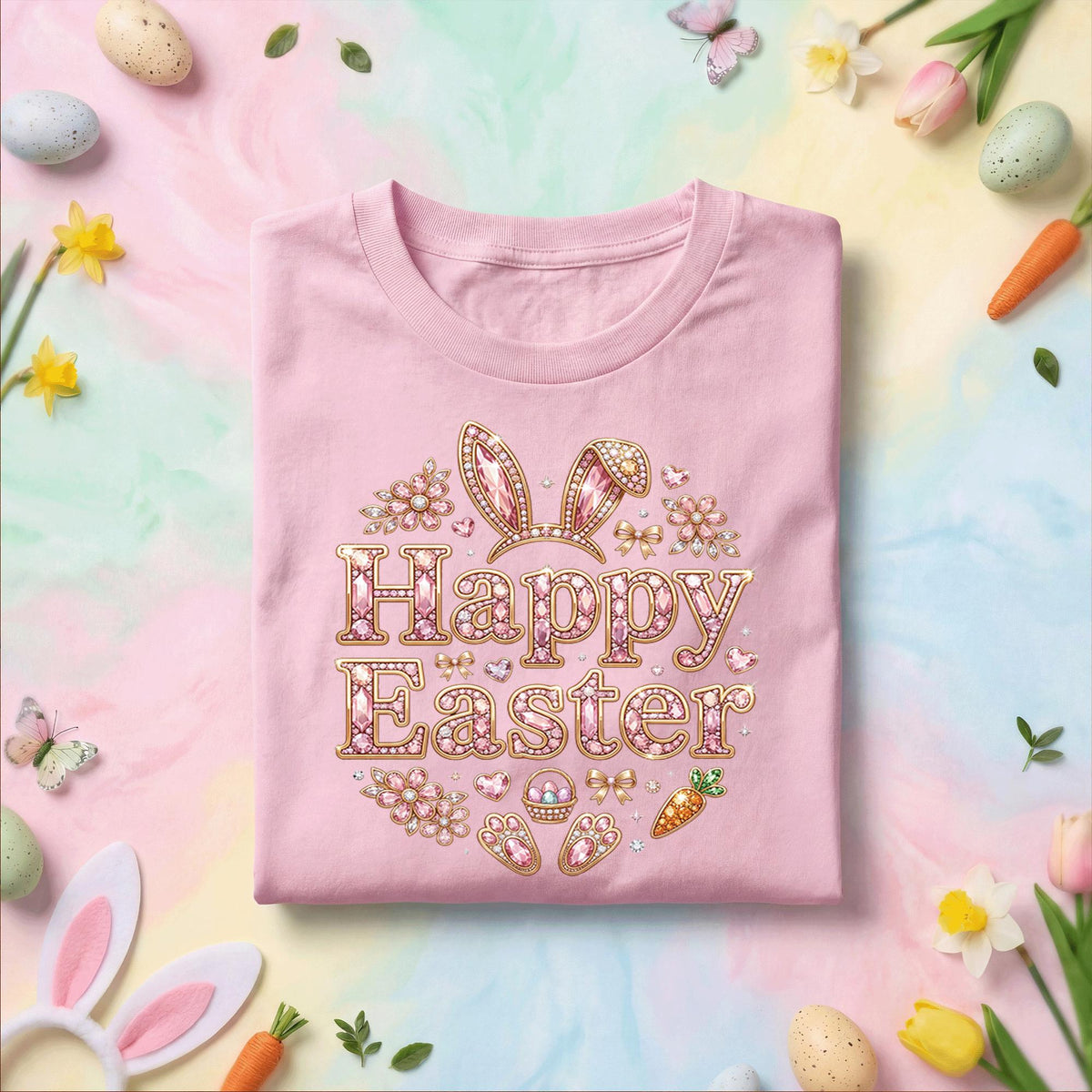 Happy Easter Bunny Shirt, Cute Pink Sparkle Easter Bunny Ears Tee, Girly Easter Graphic Shirt, Spring Holiday Easter Gift Tee