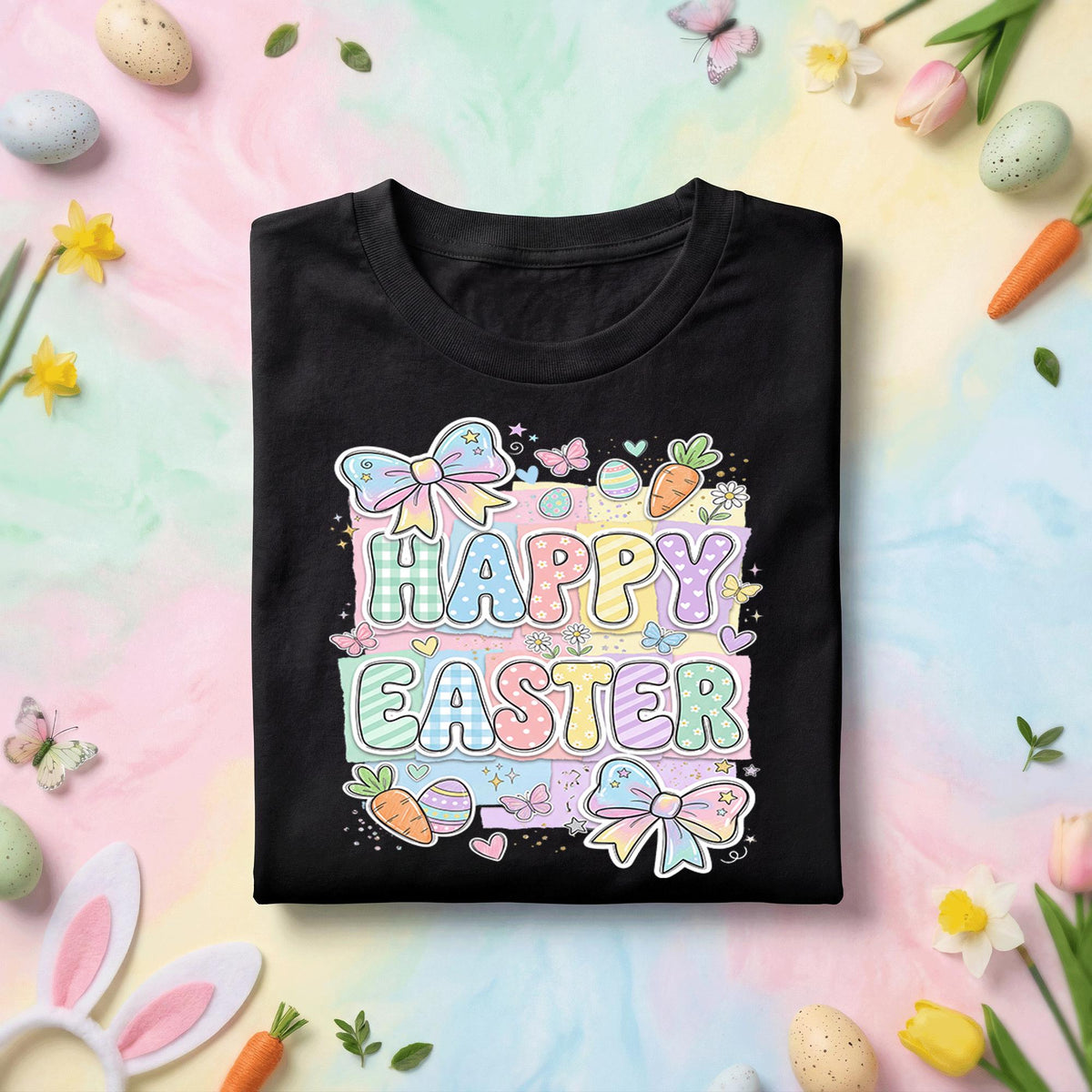 Happy Easter Pastel Bunny Shirt, Cute Easter Bow Bunny Graphic Tee, Kawaii Spring Easter Shirt, Egg Hunt Holiday Gift Tee