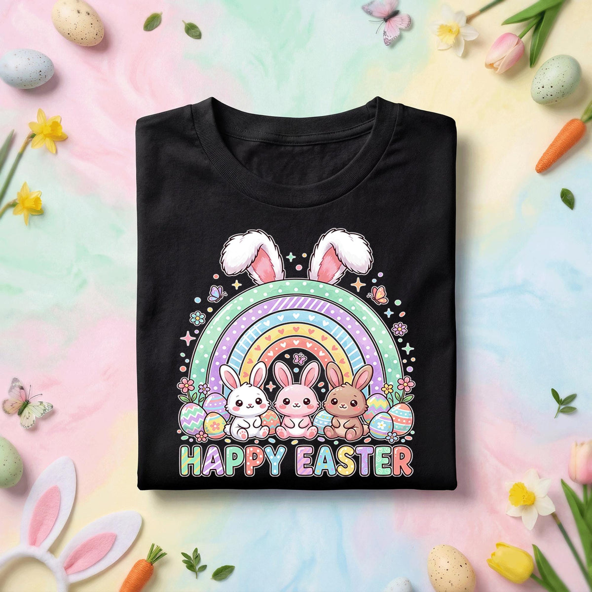 Cute Happy Easter Bunny Shirt Rainbow Easter Bunny Graphic Tee, Kawaii Bunny Easter Shirt, Pastel Easter Egg Hunt Shirt