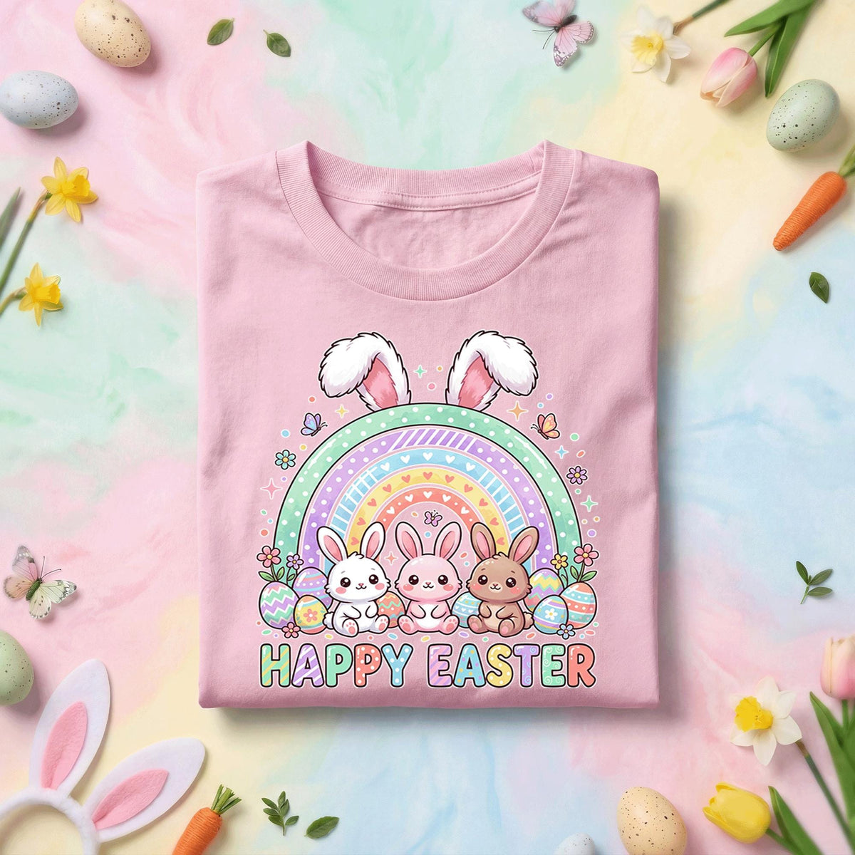 Cute Happy Easter Bunny Shirt Rainbow Easter Bunny Graphic Tee, Kawaii Bunny Easter Shirt