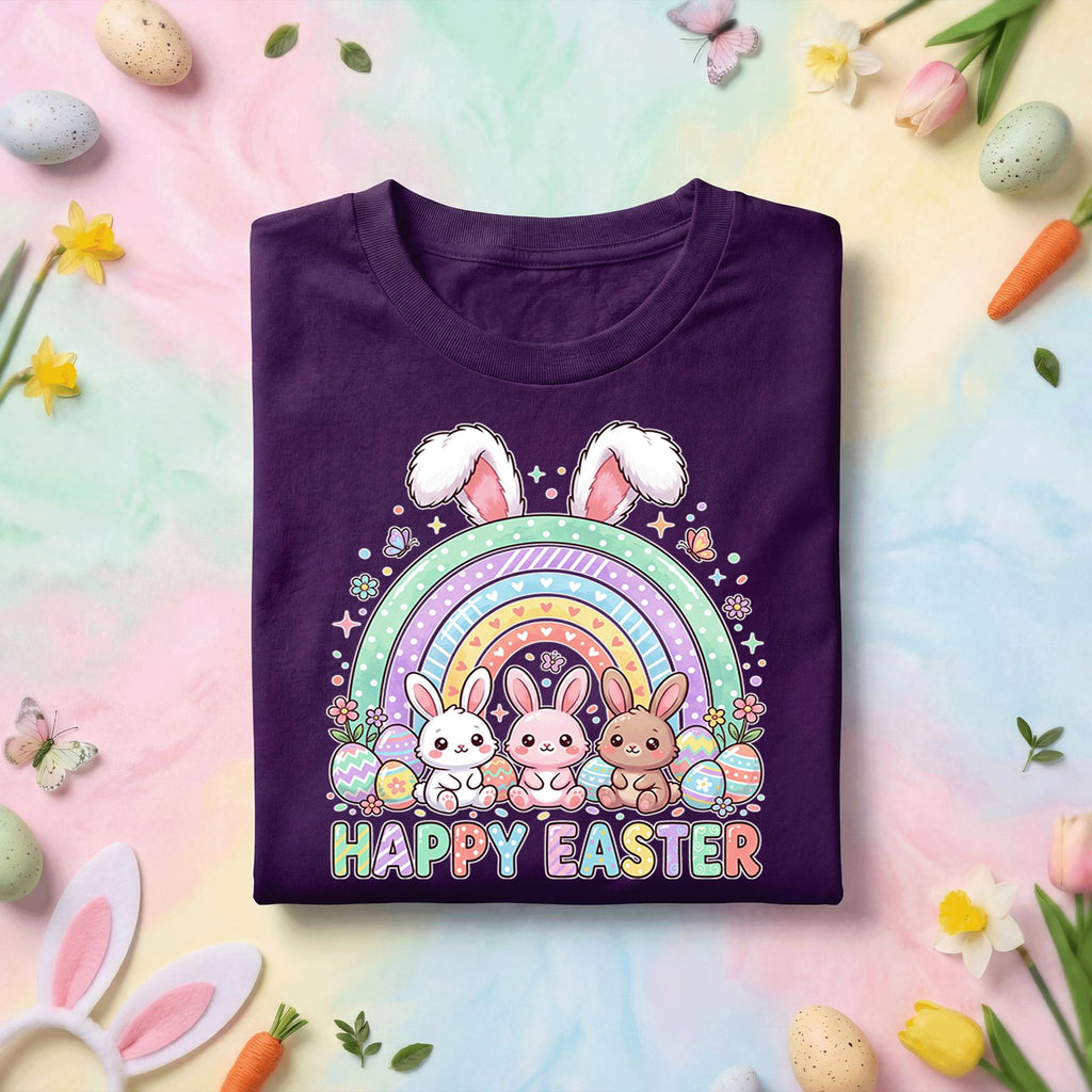 Cute Happy Easter Bunny Shirt Rainbow Easter Bunny Graphic Tee, Kawaii Bunny Easter Shirt, Pastel Easter Egg Hunt Shirt