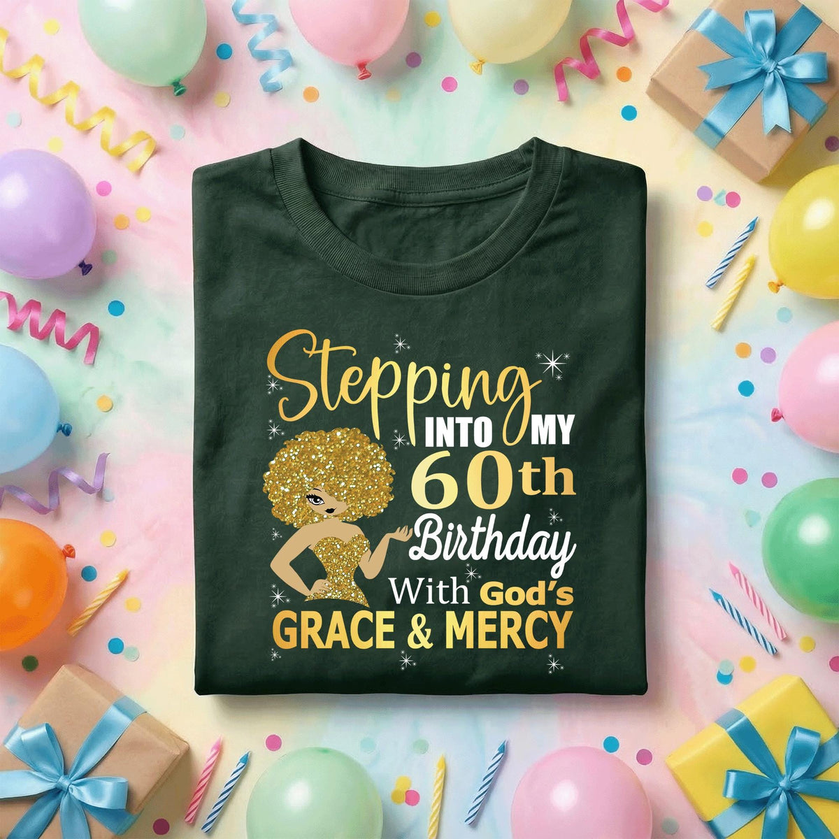 Stepping Into My 60th Birthday Shirt, 60th Birthday Gift for Her, Black Queen Afro Woman Tee, Grace and Mercy Faith Birthday Shirt Women