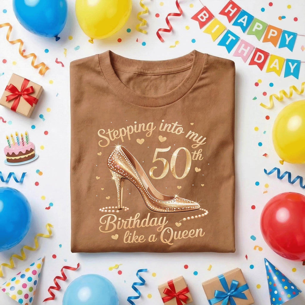 Stepping Into My 50th Birthday Shirt Women, 50th Birthday Queen Gift for Her, Fabulous Fifty Gold Heel Tee, Glam Birthday Party Outfit